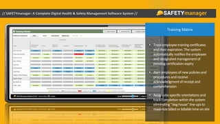 Training Matrix
• Track employee training certificates
and their expiration. The system
automatically notifies the employee
and designated management of
pending certification expiry
• Alert employees of new policies and
procedures and receive
acknowledgment of receipt and
comprehension
• Assign site-specific orientations and
track completion within the system
eliminating “dog house” line ups to
maximize billed or billable time on site
 