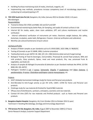 • Handling Purchase maintaining stock of media, chemicals, reagents, etc
• Implementing new methods, procedures increase competency level of microbiology department ,
conducting ILC and participating in PT
2. TÜV-SÜD South Asia Pvt Ltd, Bangalore, KA, India; (January 2013 to October 2014) 1.10 years
Microbiologist
Responsibilities
• Trained to follow ISO 17025 and NABL 102 and GLP and GDP
• Environmental monitoring by Settle Plate, Air Sampling, and swabs of contact surfaces in lab
• Internal QC for media, water, clean room validation, GPT and culture maintenance and routine
verification
• Internal calibration/ verification of instruments pH meter, Electronic weight balance, Bio safety,
Autoclave, Incubators, water bath, Refrigerator, Freezers (Internal verification and calibration)
• Monthly sub-culture/maintenance of pure culture
Job Nature/Profile
• Analysis of Water samples as per standards such as IS 14543:2005, 1622:1986, IS: 98/83/EC
• Testing of Cosmetic as per IS 14648, UMA, Customer procedure
• Textiles/Garments as per AATCC 30, 100, 147, JIS L 1902 (Antimicrobial and anti fungal testing)
• Biological Testing of Food & beverages, Consumables, Processed & canned food products, Milk and
milk products, Diary products, Spices, meat and meat products, Dry, raw, processed fruits &
vegetables, sea foods etc
• Analysis of samples & Pathogen Enumeration & detection as per Standard methods like APHA, US FDA
BAM, BIS, ISO, AATCC
• Pathogens handled E coli, S aureus, Salmonella, Shigella, P seudomonas and Vibrio cholorea, V
parahemolytics, B cereus, Clostridium perfringens Listeria monocytogens, etc
Projects
• GHCT (Globally Harmonized challenge study) for Home and Personal care products
• Anti-Microbial & Anti-Fungal activity as per EN 1276, 13697, 13704 for Home and Personal care
products
• Challenge study for raw materials & finished for food & R&D materials
• Efficacy test of disinfectants, sanitizers, antiseptics, cosmetics and raw materials.
• Contact kill time (CKT) for raw materials and finished products such as Home and Personal care
products
3. Bangalore Baptist Hospital, Bangalore, KA, From October 2011 to October 2012 (1 year)
Technician II: Handling Microbiology, Serology and Immunology department
4. TTK Services Pvt ltd, Bangalore, KA, India; August 2007 to November 2009 (2.3 Years)
Senior Research Analyst; Customer Support Department
 