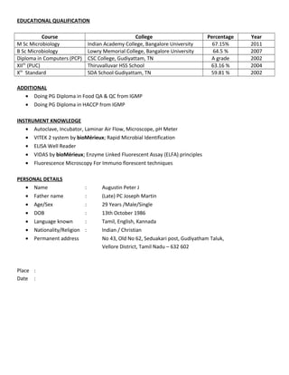 EDUCATIONAL QUALIFICATION
Course College Percentage Year
M Sc Microbiology Indian Academy College, Bangalore University 67.15% 2011
B Sc Microbiology Lowry Memorial College, Bangalore University 64.5 % 2007
Diploma in Computers (PCP) CSC College, Gudiyattam, TN A grade 2002
XIIth
(PUC) Thiruvalluvar HSS School 63.16 % 2004
Xth
Standard SDA School Gudiyattam, TN 59.81 % 2002
ADDITIONAL
• Doing PG Diploma in Food QA & QC from IGMP
• Doing PG Diploma in HACCP from IGMP
INSTRUMENT KNOWLEDGE
• Autoclave, Incubator, Laminar Air Flow, Microscope, pH Meter
• VITEK 2 system by bioMérieux; Rapid Microbial Identification
• ELISA Well Reader
• VIDAS by bioMérieux; Enzyme Linked Fluorescent Assay (ELFA) principles
• Fluorescence Microscopy For Immuno florescent techniques
PERSONAL DETAILS
• Name : Augustin Peter J
• Father name : (Late) PC Joseph Martin
• Age/Sex : 29 Years /Male/Single
• DOB : 13th October 1986
• Language known : Tamil, English, Kannada
• Nationality/Religion : Indian / Christian
• Permanent address No 43, Old No 62, Seduakari post, Gudiyatham Taluk,
Vellore District, Tamil Nadu – 632 602
Place :
Date :
 
