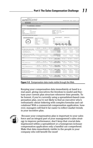 Figure 1-2: Compensation data made visible through the Web.
Keeping your compensation data immediately at hand is a
real asset, giving executives the freedom to model and fine-
tune your current plan structure whenever time permits. To
be honest, if you’re currently using a spreadsheet-based com-
pensation plan, you’re not likely to find an executive who’s
enthusiastic about tinkering with complex formulas and cal-
culations! With a commercial compensation application, how-
ever, managers will find it far easier to reflect market trends
in your incentive plan.
Because your compensation plan is important to your sales
force and an integral part of your management’s sales strat-
egy to improve performance, don’t keep that crucial data
imprisoned within a spreadsheet or a homegrown in-house
compensation application only a handful can comprehend.
Make that data immediately visible to the people in your
company who will benefit the most!
Part I: The Sales Compensation Challenge 11
05_045981 ch01.qxp 3/17/06 6:51 PM Page 11
 
