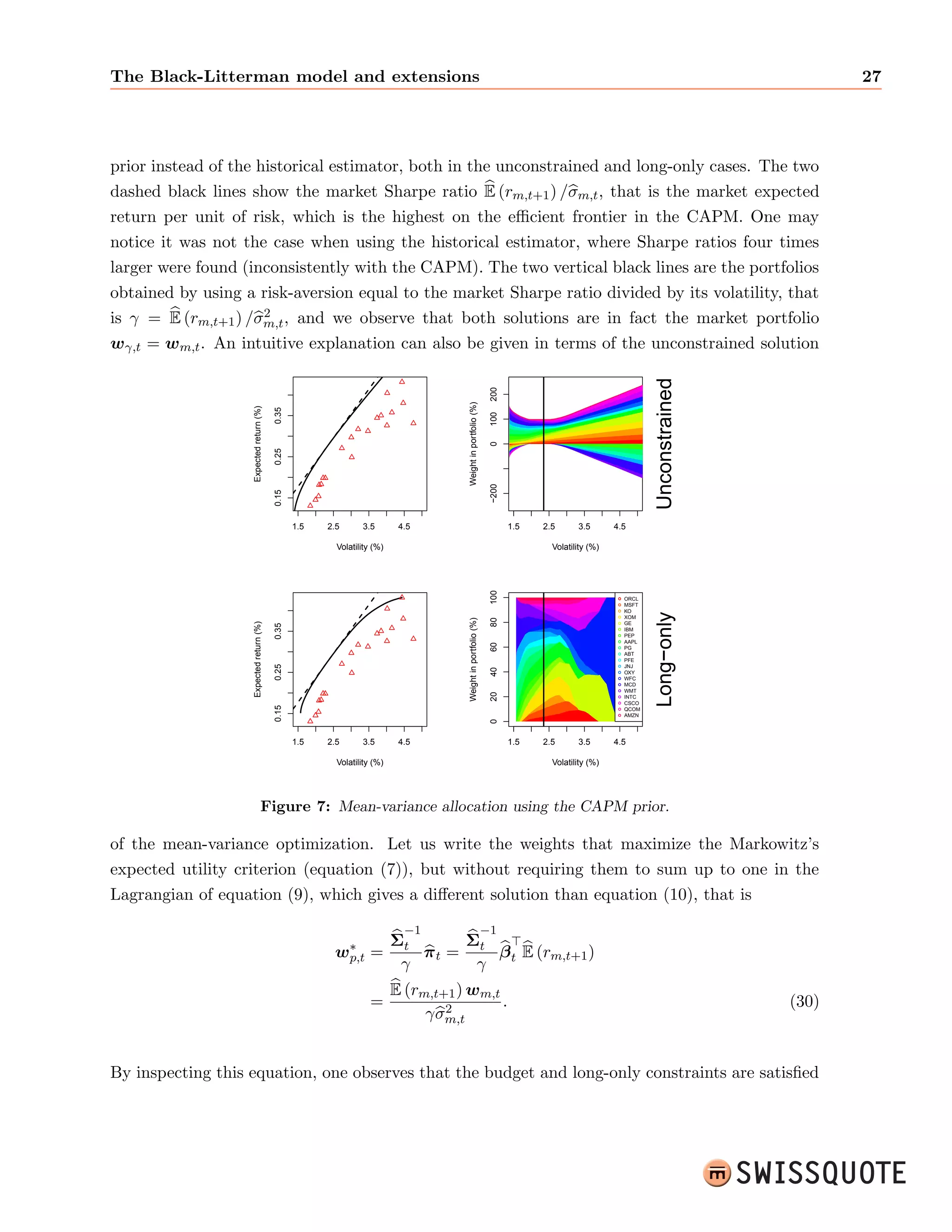 nancing strategies (e.g. the optimal consumption/saving problem introduced 
by Fisher in [31]) which need in general to be solved using dynamic programming (see [1] for an 
introduction on the subject in Economics). In this respect, our minimal investment constraint is 
Pn 
called the budget constraint and is expressed as 
i=1 
wp 
i;t = 1 8t. 
1.2 The mean-variance allocation scheme 
Let us give an example within the mean-variance framework pioneered by Markowitz in [45]. 
We start by assuming that an investor has originally picked the securities in which he wanted 
to invest. Indeed Markowitz's framework (as other quantitative allocation schemes) was not 
developed for stock picking (i.e. the initial choice of the n securities). In fact, themean-variance 
oered the  