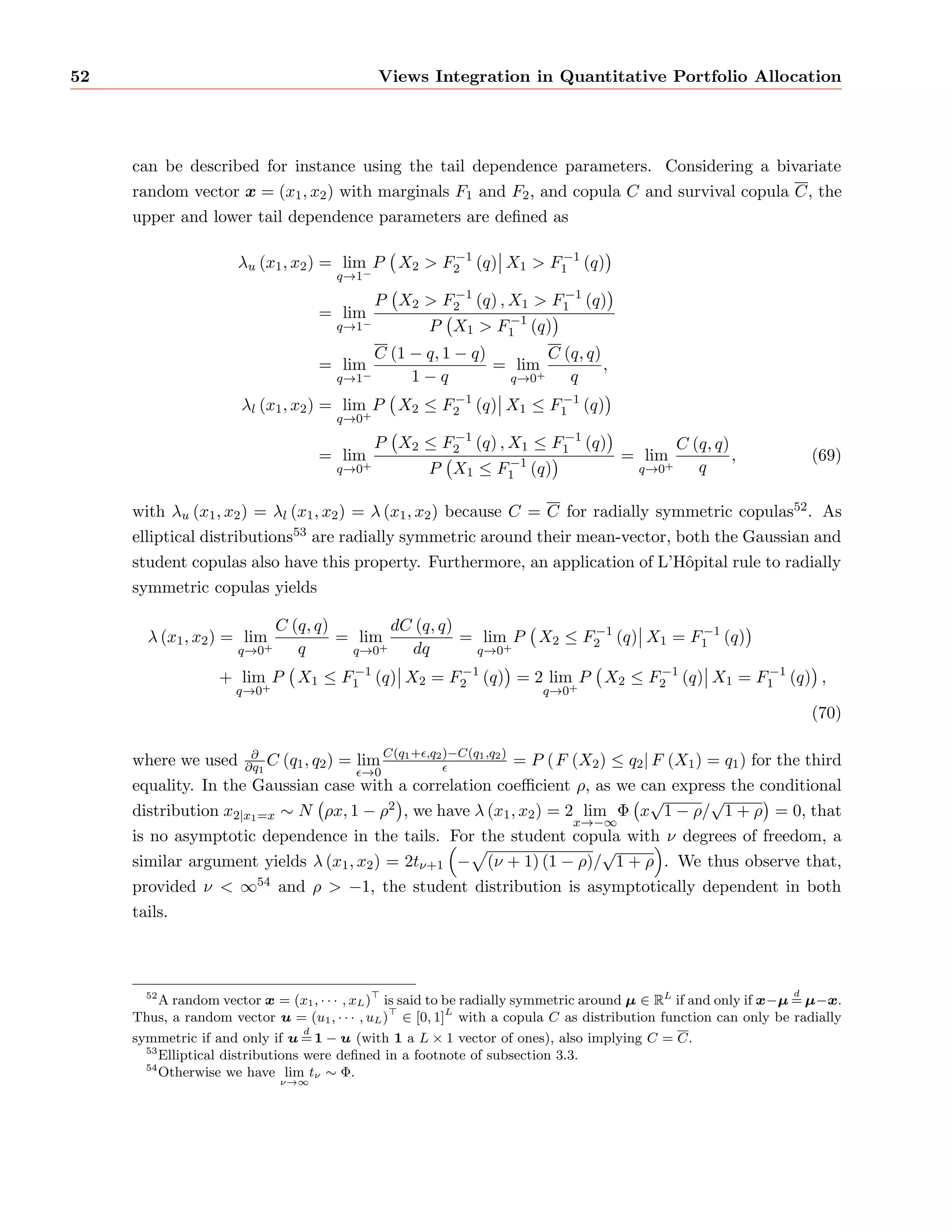 ne the vector 
of conditional expectations t = (E[r1;t+1jFt] ;    ;E[rn;t+1jFt]) and covariance matrix t 
with ij;t = Cov [ri;t+1; rj;t+1jFt]7 for the individual securities at time t, where Ft denotes all 
information available at that time, and jFt means conditional on the information set Ft8. Then 
we have the portfolio conditional expected return 
E[rp;t+1jFt] = 
Xn 
i=1 
wp 
i;t1E[ri;t+1jFt] = w 
p;tt; (5) 
which is the weighted average over the portfolio positions of the security conditional expected 
returns, likewise the portfolio variance 
V ar [rp;t+1jFt] = Cov 
h 
w 
p;trt+1;w 
p;trt+1jFt 
i 
= 
Xn 
i=1 
 
wp 
i;t 
2 
V ar [ri;t+1jFt] + 
Xn 
i;j=1;i6=j 
wp 
i;twp 
j;tCov [ri;t+1; rj;t+1jFt] 
= w 
p;ttwp;t (6) 
and the volatility  [rp;t+1jFt] = 
p 
V ar [rp;t+1jFt] of the portfolio, with respect to the all infor-mation 
available at time t. Finally the mean-variance expected utility, equivalently9 to (4), with 
5If it was not the case, the investor would not bother optimizing. 
6We de 