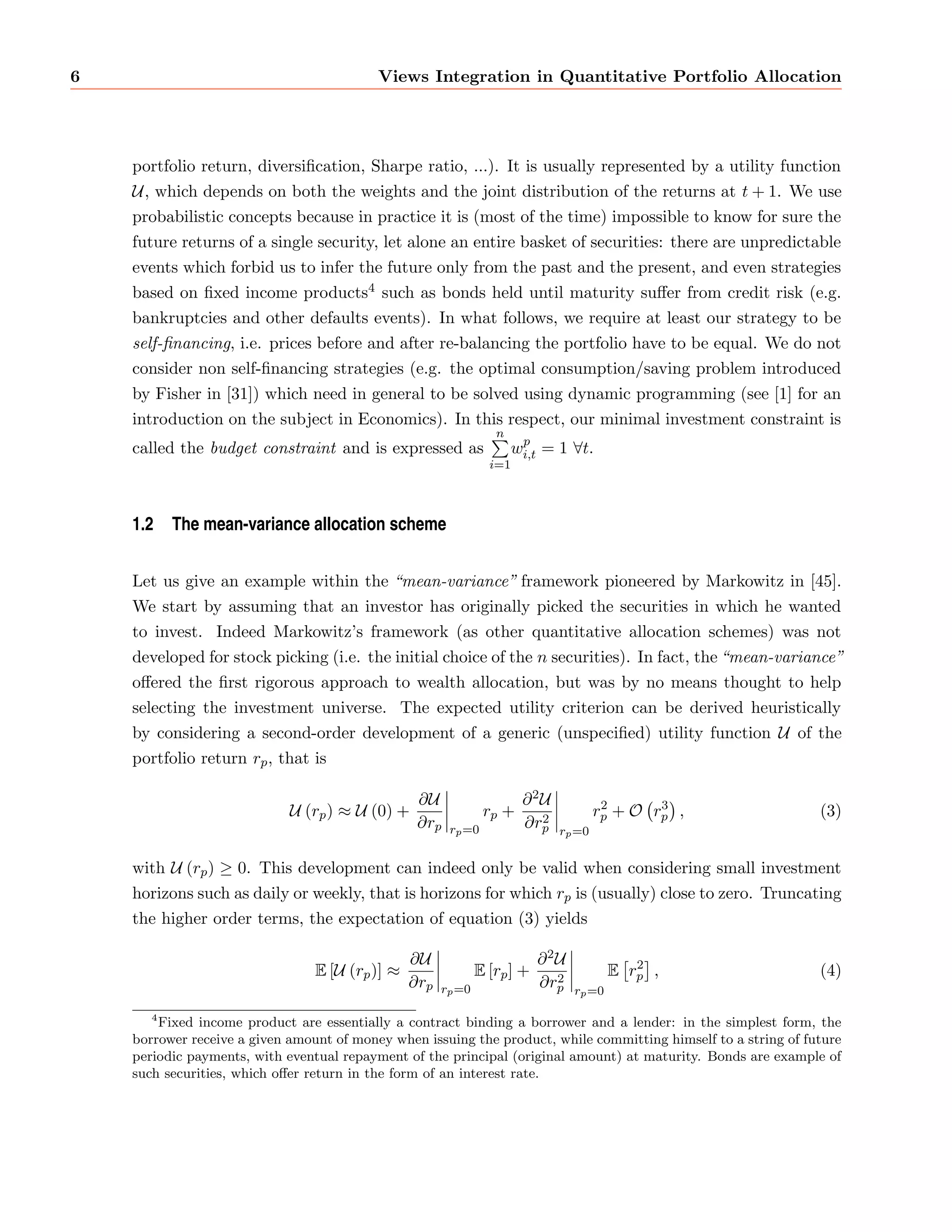 CONTENTS 3 
4 The scenario-based approach 36 
4.1 Learning from disorder . . . . . . . . . . . . . . . . . . . . . . . . . . . . . . . . . 37 
4.2 Analytical example . . . . . . . . . . . . . . . . . . . . . . . . . . . . . . . . . . . 40 
4.3 Fully 
exible probabilities . . . . . . . . . . . . . . . . . . . . . . . . . . . . . . . 42 
4.4 Relative entropy minimization . . . . . . . . . . . . . . . . . . . . . . . . . . . . . 44 
4.5 Copulas and 
exible market models . . . . . . . . . . . . . . . . . . . . . . . . . . 46 
4.5.1 Time-varying dynamics . . . . . . . . . . . . . . . . . . . . . . . . . . . . 47 
4.5.2 Some useful copulas . . . . . . . . . . . . . . . . . . . . . . . . . . . . . . 50 
4.5.3 Dependence structure estimation . . . . . . . . . . . . . . . . . . . . . . . 53 
4.5.4 Closing the model . . . . . . . . . . . . . . . . . . . . . . . . . . . . . . . 55 
4.6 Numerical example : portfolio stress testing . . . . . . . . . . . . . . . . . . . . . 57 
4.6.1 Measures of market risk . . . . . . . . . . . . . . . . . . . . . . . . . . . . 57 
4.6.2 Stress testing . . . . . . . . . . . . . . . . . . . . . . . . . . . . . . . . . . 59 
4.7 Numerical example: mean-variance, market equilibrium and relative entropy . . . 60 
5 Conclusion 61 
6 Acknowledgments 63 
A The Fama and French factors 68 
B Jensen-Shannon's divergence minimization 69 
C Mean-CV aR optimization 70 
 