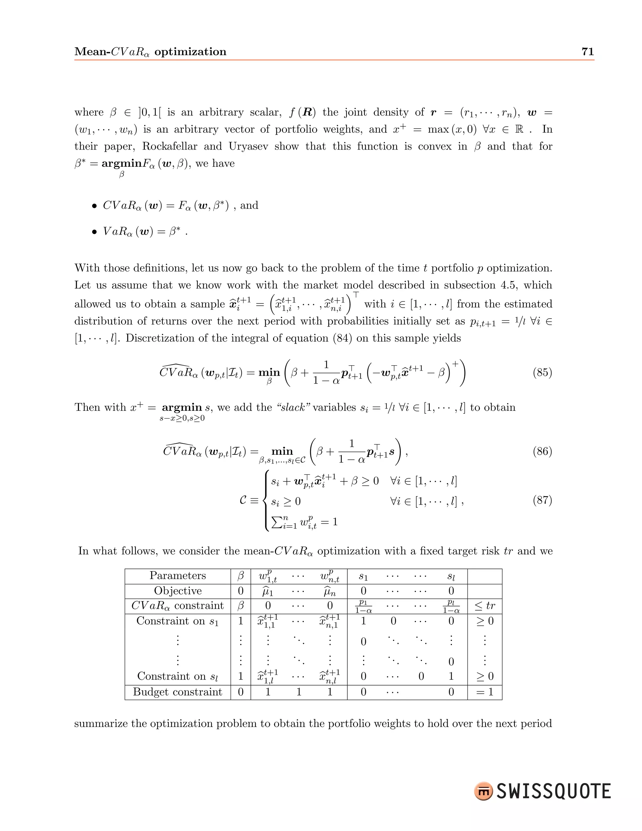 10 Views Integration in Quantitative Portfolio Allocation 
For example, if stock i belongs to the portfolio, it is customary to take (at least) its return as 
a risk factor (i.e. xi;t = ri;t), and we have Pi(xtjFt) = si;t1(1 + xi;t) (with si;t1 the price at 
t1). In general, risk-factors may be the returns of individual securities, but could also include 
market/sector indices, FX rates, sovereign yield curves, macroeconomic indicators, etc. While 
the pricing function may not depend on the other securities, one should not mistake it for an 
independence hypothesis between the risk-factors, as these are usually not independent. For 
example, in the simple case described above (with only the returns of the individuals securities 
as risk-factors), the pricing function of each security only depends on one risk-factor, whereas 
it is well known that asset returns are correlated (e.g. between securities of the same country 
or industry sector). In the remainder of the document, we will refer to the risk-factors as the 
random vector driving a so-called market model. We emphasize that the description oered by 
the risk-factors that one chooses can often be applied to a dierent and broader market than the 
investment universe. Then, a historical observation corresponds supposedly to a realization of 
the market model, which we will now formally de 