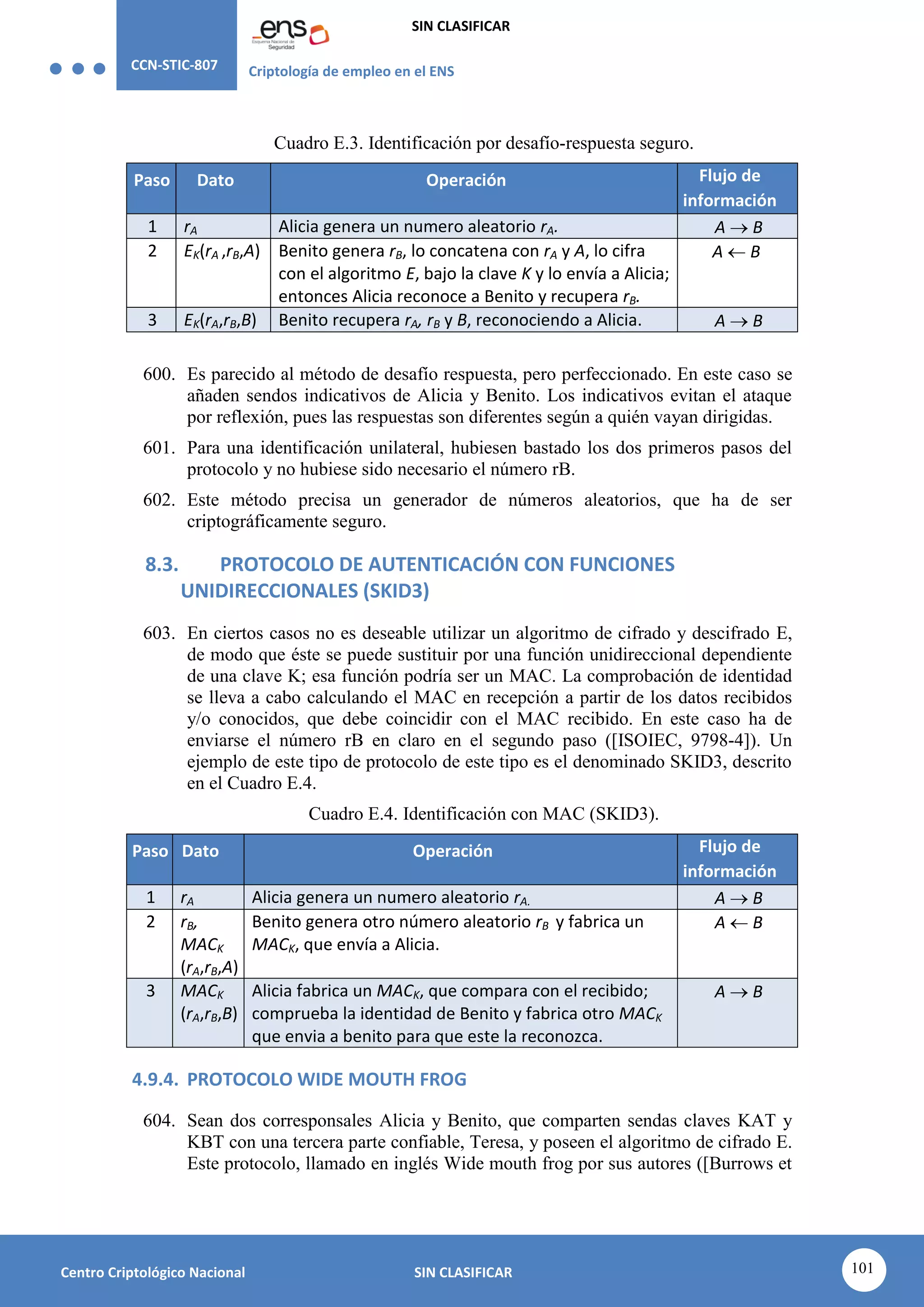 CCN-STIC-807 Criptología de empleo en el ENS
SIN CLASIFICAR
101
Centro Criptológico Nacional SIN CLASIFICAR
Cuadro E.3. Identificación por desafío-respuesta seguro.
Paso Dato Operación Flujo de
información
1 rA Alicia genera un numero aleatorio rA. A  B
2 EK(rA ,rB,A) Benito genera rB, lo concatena con rA y A, lo cifra
con el algoritmo E, bajo la clave K y lo envía a Alicia;
entonces Alicia reconoce a Benito y recupera rB.
A  B
3 EK(rA,rB,B) Benito recupera rA, rB y B, reconociendo a Alicia. A  B
600. Es parecido al método de desafío respuesta, pero perfeccionado. En este caso se
añaden sendos indicativos de Alicia y Benito. Los indicativos evitan el ataque
por reflexión, pues las respuestas son diferentes según a quién vayan dirigidas.
601. Para una identificación unilateral, hubiesen bastado los dos primeros pasos del
protocolo y no hubiese sido necesario el número rB.
602. Este método precisa un generador de números aleatorios, que ha de ser
criptográficamente seguro.
8.3. PROTOCOLO DE AUTENTICACIÓN CON FUNCIONES
UNIDIRECCIONALES (SKID3)
603. En ciertos casos no es deseable utilizar un algoritmo de cifrado y descifrado E,
de modo que éste se puede sustituir por una función unidireccional dependiente
de una clave K; esa función podría ser un MAC. La comprobación de identidad
se lleva a cabo calculando el MAC en recepción a partir de los datos recibidos
y/o conocidos, que debe coincidir con el MAC recibido. En este caso ha de
enviarse el número rB en claro en el segundo paso ([ISOIEC, 9798-4]). Un
ejemplo de este tipo de protocolo de este tipo es el denominado SKID3, descrito
en el Cuadro E.4.
Cuadro E.4. Identificación con MAC (SKID3).
Paso Dato Operación Flujo de
información
1 rA Alicia genera un numero aleatorio rA. A  B
2 rB,
MACK
(rA,rB,A)
Benito genera otro número aleatorio rB y fabrica un
MACK, que envía a Alicia.
A  B
3 MACK
(rA,rB,B)
Alicia fabrica un MACK, que compara con el recibido;
comprueba la identidad de Benito y fabrica otro MACK
que envia a benito para que este la reconozca.
A  B
4.9.4. PROTOCOLO WIDE MOUTH FROG
604. Sean dos corresponsales Alicia y Benito, que comparten sendas claves KAT y
KBT con una tercera parte confiable, Teresa, y poseen el algoritmo de cifrado E.
Este protocolo, llamado en inglés Wide mouth frog por sus autores ([Burrows et
 