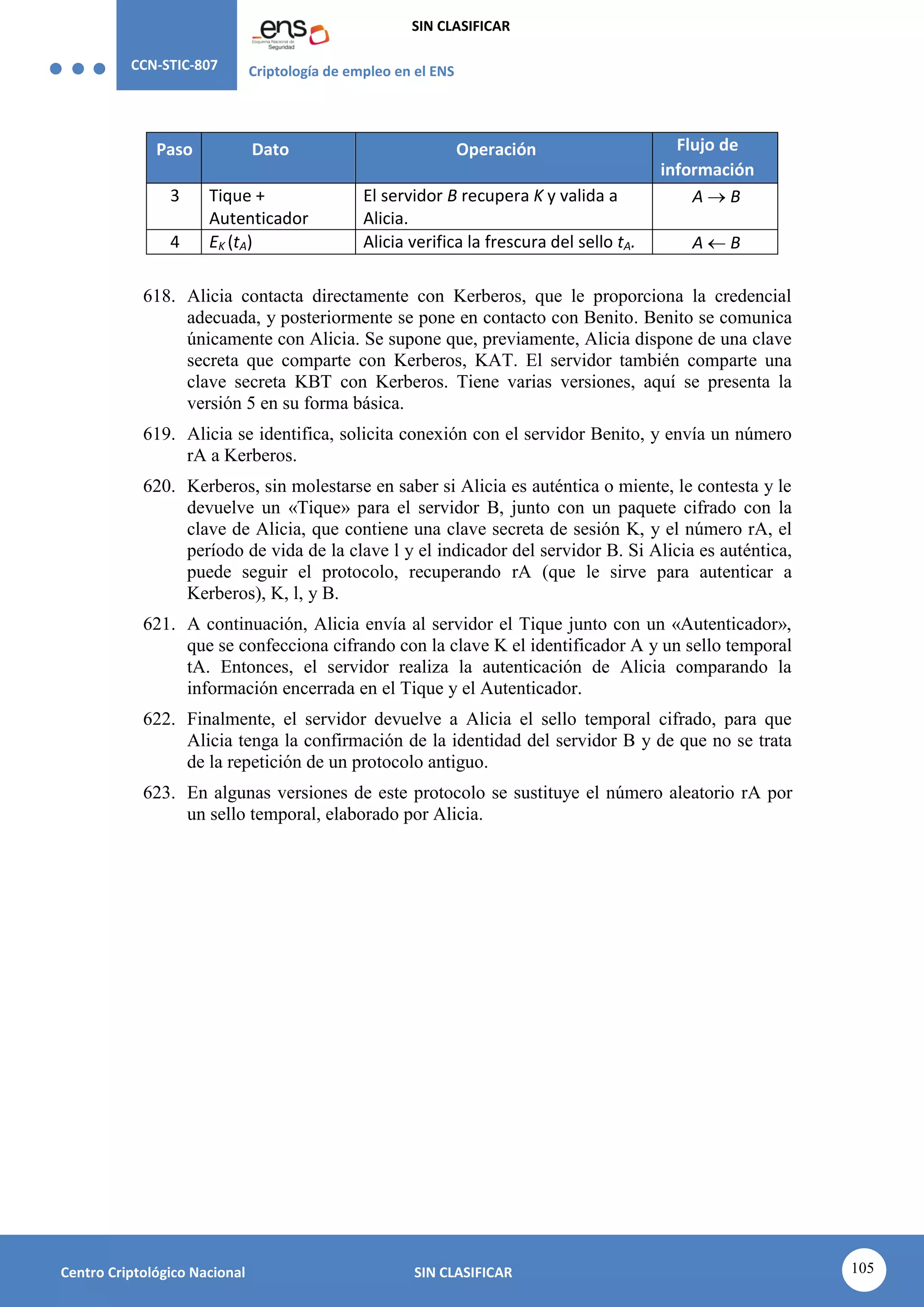 CCN-STIC-807 Criptología de empleo en el ENS
SIN CLASIFICAR
105
Centro Criptológico Nacional SIN CLASIFICAR
Paso Dato Operación Flujo de
información
3 Tique +
Autenticador
El servidor B recupera K y valida a
Alicia.
A  B
4 EK (tA) Alicia verifica la frescura del sello tA. A  B
618. Alicia contacta directamente con Kerberos, que le proporciona la credencial
adecuada, y posteriormente se pone en contacto con Benito. Benito se comunica
únicamente con Alicia. Se supone que, previamente, Alicia dispone de una clave
secreta que comparte con Kerberos, KAT. El servidor también comparte una
clave secreta KBT con Kerberos. Tiene varias versiones, aquí se presenta la
versión 5 en su forma básica.
619. Alicia se identifica, solicita conexión con el servidor Benito, y envía un número
rA a Kerberos.
620. Kerberos, sin molestarse en saber si Alicia es auténtica o miente, le contesta y le
devuelve un «Tique» para el servidor B, junto con un paquete cifrado con la
clave de Alicia, que contiene una clave secreta de sesión K, y el número rA, el
período de vida de la clave l y el indicador del servidor B. Si Alicia es auténtica,
puede seguir el protocolo, recuperando rA (que le sirve para autenticar a
Kerberos), K, l, y B.
621. A continuación, Alicia envía al servidor el Tique junto con un «Autenticador»,
que se confecciona cifrando con la clave K el identificador A y un sello temporal
tA. Entonces, el servidor realiza la autenticación de Alicia comparando la
información encerrada en el Tique y el Autenticador.
622. Finalmente, el servidor devuelve a Alicia el sello temporal cifrado, para que
Alicia tenga la confirmación de la identidad del servidor B y de que no se trata
de la repetición de un protocolo antiguo.
623. En algunas versiones de este protocolo se sustituye el número aleatorio rA por
un sello temporal, elaborado por Alicia.
 