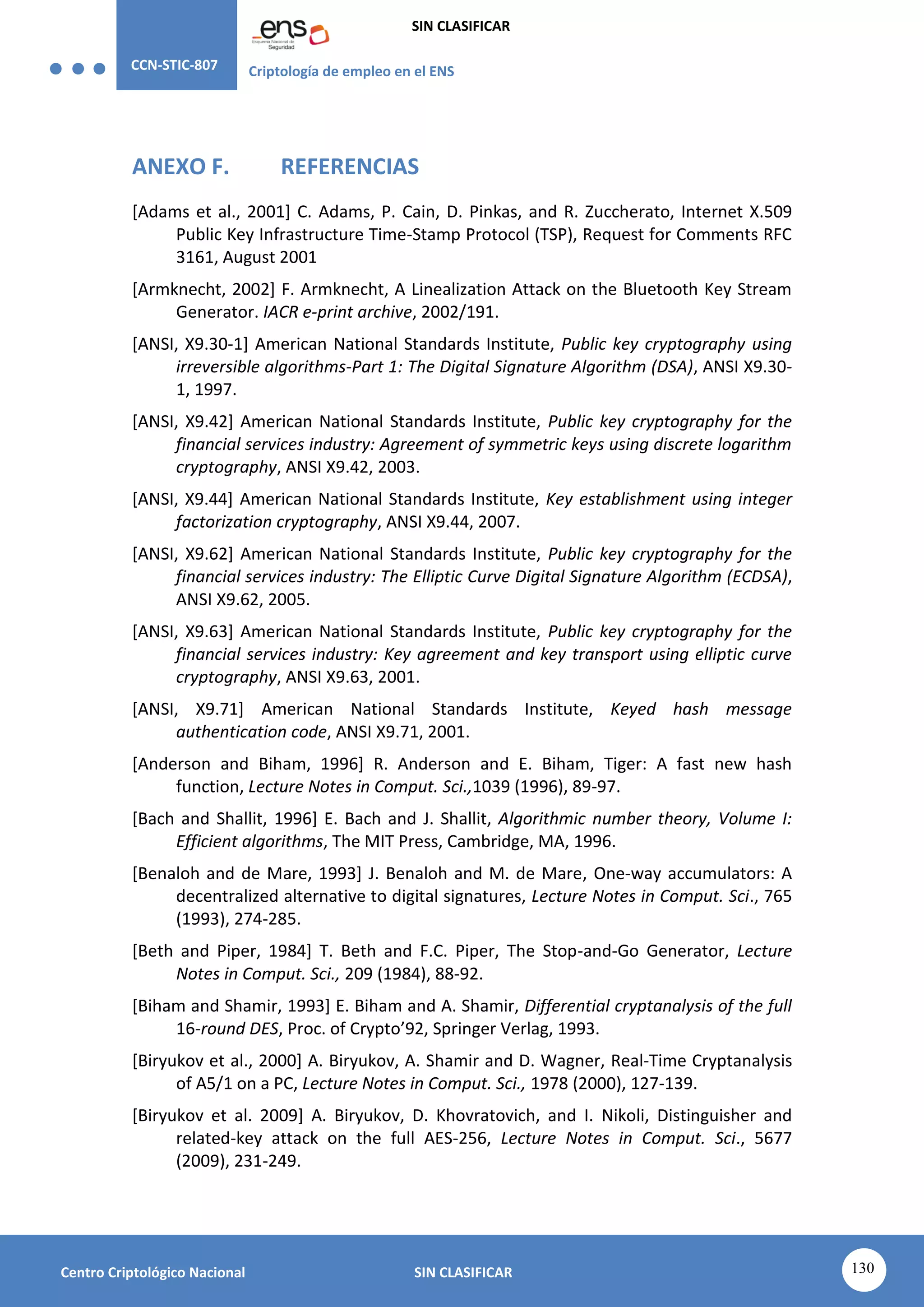 CCN-STIC-807 Criptología de empleo en el ENS
SIN CLASIFICAR
130
Centro Criptológico Nacional SIN CLASIFICAR
ANEXO F. REFERENCIAS
[Adams et al., 2001] C. Adams, P. Cain, D. Pinkas, and R. Zuccherato, Internet X.509
Public Key Infrastructure Time-Stamp Protocol (TSP), Request for Comments RFC
3161, August 2001
[Armknecht, 2002] F. Armknecht, A Linealization Attack on the Bluetooth Key Stream
Generator. IACR e-print archive, 2002/191.
[ANSI, X9.30-1] American National Standards Institute, Public key cryptography using
irreversible algorithms-Part 1: The Digital Signature Algorithm (DSA), ANSI X9.30-
1, 1997.
[ANSI, X9.42] American National Standards Institute, Public key cryptography for the
financial services industry: Agreement of symmetric keys using discrete logarithm
cryptography, ANSI X9.42, 2003.
[ANSI, X9.44] American National Standards Institute, Key establishment using integer
factorization cryptography, ANSI X9.44, 2007.
[ANSI, X9.62] American National Standards Institute, Public key cryptography for the
financial services industry: The Elliptic Curve Digital Signature Algorithm (ECDSA),
ANSI X9.62, 2005.
[ANSI, X9.63] American National Standards Institute, Public key cryptography for the
financial services industry: Key agreement and key transport using elliptic curve
cryptography, ANSI X9.63, 2001.
[ANSI, X9.71] American National Standards Institute, Keyed hash message
authentication code, ANSI X9.71, 2001.
[Anderson and Biham, 1996] R. Anderson and E. Biham, Tiger: A fast new hash
function, Lecture Notes in Comput. Sci.,1039 (1996), 89-97.
[Bach and Shallit, 1996] E. Bach and J. Shallit, Algorithmic number theory, Volume I:
Efficient algorithms, The MIT Press, Cambridge, MA, 1996.
[Benaloh and de Mare, 1993] J. Benaloh and M. de Mare, One-way accumulators: A
decentralized alternative to digital signatures, Lecture Notes in Comput. Sci., 765
(1993), 274-285.
[Beth and Piper, 1984] T. Beth and F.C. Piper, The Stop-and-Go Generator, Lecture
Notes in Comput. Sci., 209 (1984), 88-92.
[Biham and Shamir, 1993] E. Biham and A. Shamir, Differential cryptanalysis of the full
16-round DES, Proc. of Crypto’92, Springer Verlag, 1993.
[Biryukov et al., 2000] A. Biryukov, A. Shamir and D. Wagner, Real-Time Cryptanalysis
of A5/1 on a PC, Lecture Notes in Comput. Sci., 1978 (2000), 127-139.
[Biryukov et al. 2009] A. Biryukov, D. Khovratovich, and I. Nikoli, Distinguisher and
related-key attack on the full AES-256, Lecture Notes in Comput. Sci., 5677
(2009), 231-249.
 