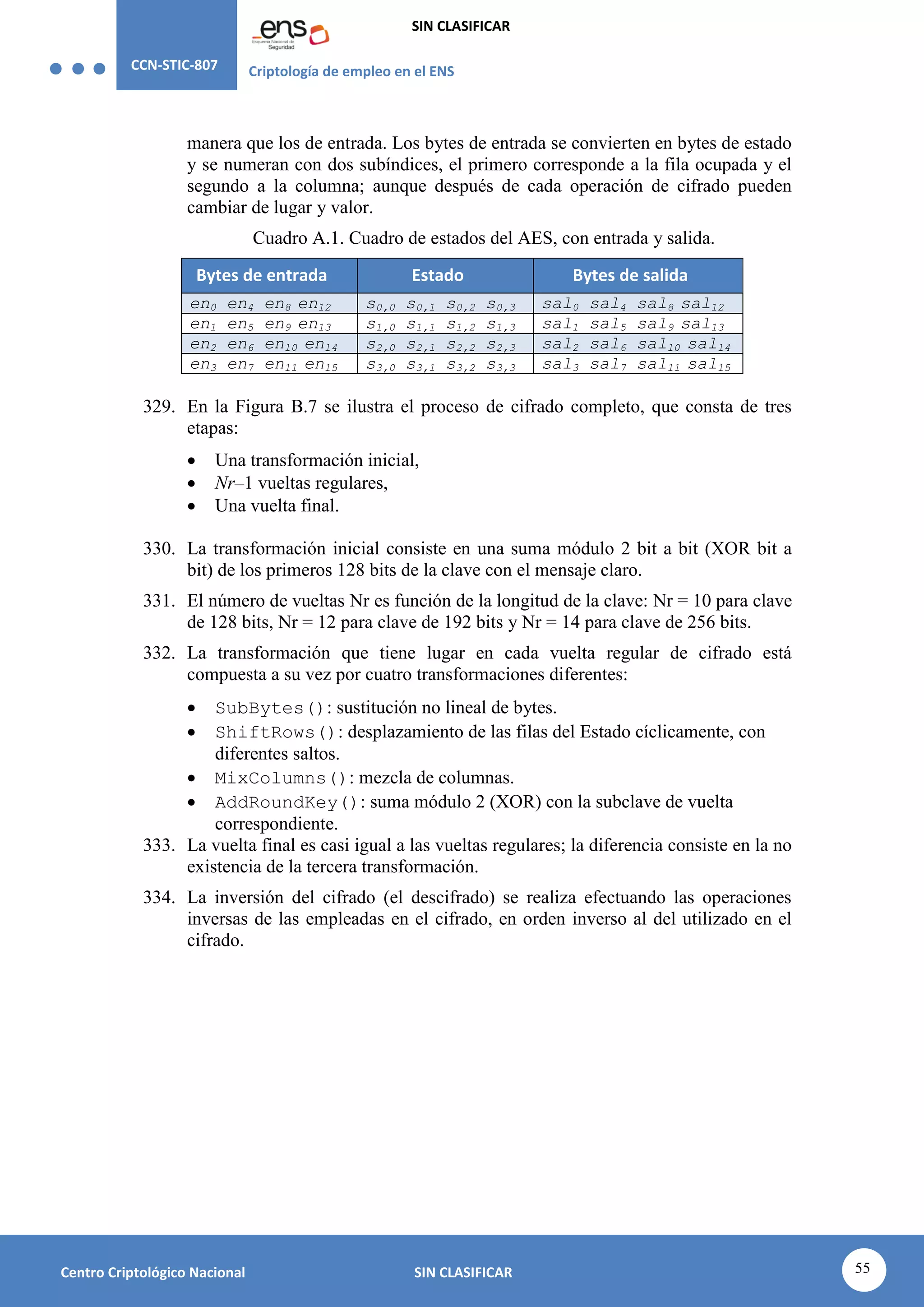 CCN-STIC-807 Criptología de empleo en el ENS
SIN CLASIFICAR
55
Centro Criptológico Nacional SIN CLASIFICAR
manera que los de entrada. Los bytes de entrada se convierten en bytes de estado
y se numeran con dos subíndices, el primero corresponde a la fila ocupada y el
segundo a la columna; aunque después de cada operación de cifrado pueden
cambiar de lugar y valor.
Cuadro A.1. Cuadro de estados del AES, con entrada y salida.
Bytes de entrada Estado Bytes de salida
en0 en4 en8 en12 s0,0 s0,1 s0,2 s0,3 sal0 sal4 sal8 sal12
en1 en5 en9 en13 s1,0 s1,1 s1,2 s1,3 sal1 sal5 sal9 sal13
en2 en6 en10 en14 s2,0 s2,1 s2,2 s2,3 sal2 sal6 sal10 sal14
en3 en7 en11 en15 s3,0 s3,1 s3,2 s3,3 sal3 sal7 sal11 sal15
329. En la Figura B.7 se ilustra el proceso de cifrado completo, que consta de tres
etapas:
 Una transformación inicial,
 Nr–1 vueltas regulares,
 Una vuelta final.
330. La transformación inicial consiste en una suma módulo 2 bit a bit (XOR bit a
bit) de los primeros 128 bits de la clave con el mensaje claro.
331. El número de vueltas Nr es función de la longitud de la clave: Nr = 10 para clave
de 128 bits, Nr = 12 para clave de 192 bits y Nr = 14 para clave de 256 bits.
332. La transformación que tiene lugar en cada vuelta regular de cifrado está
compuesta a su vez por cuatro transformaciones diferentes:
 SubBytes(): sustitución no lineal de bytes.
 ShiftRows(): desplazamiento de las filas del Estado cíclicamente, con
diferentes saltos.
 MixColumns(): mezcla de columnas.
 AddRoundKey(): suma módulo 2 (XOR) con la subclave de vuelta
correspondiente.
333. La vuelta final es casi igual a las vueltas regulares; la diferencia consiste en la no
existencia de la tercera transformación.
334. La inversión del cifrado (el descifrado) se realiza efectuando las operaciones
inversas de las empleadas en el cifrado, en orden inverso al del utilizado en el
cifrado.
 