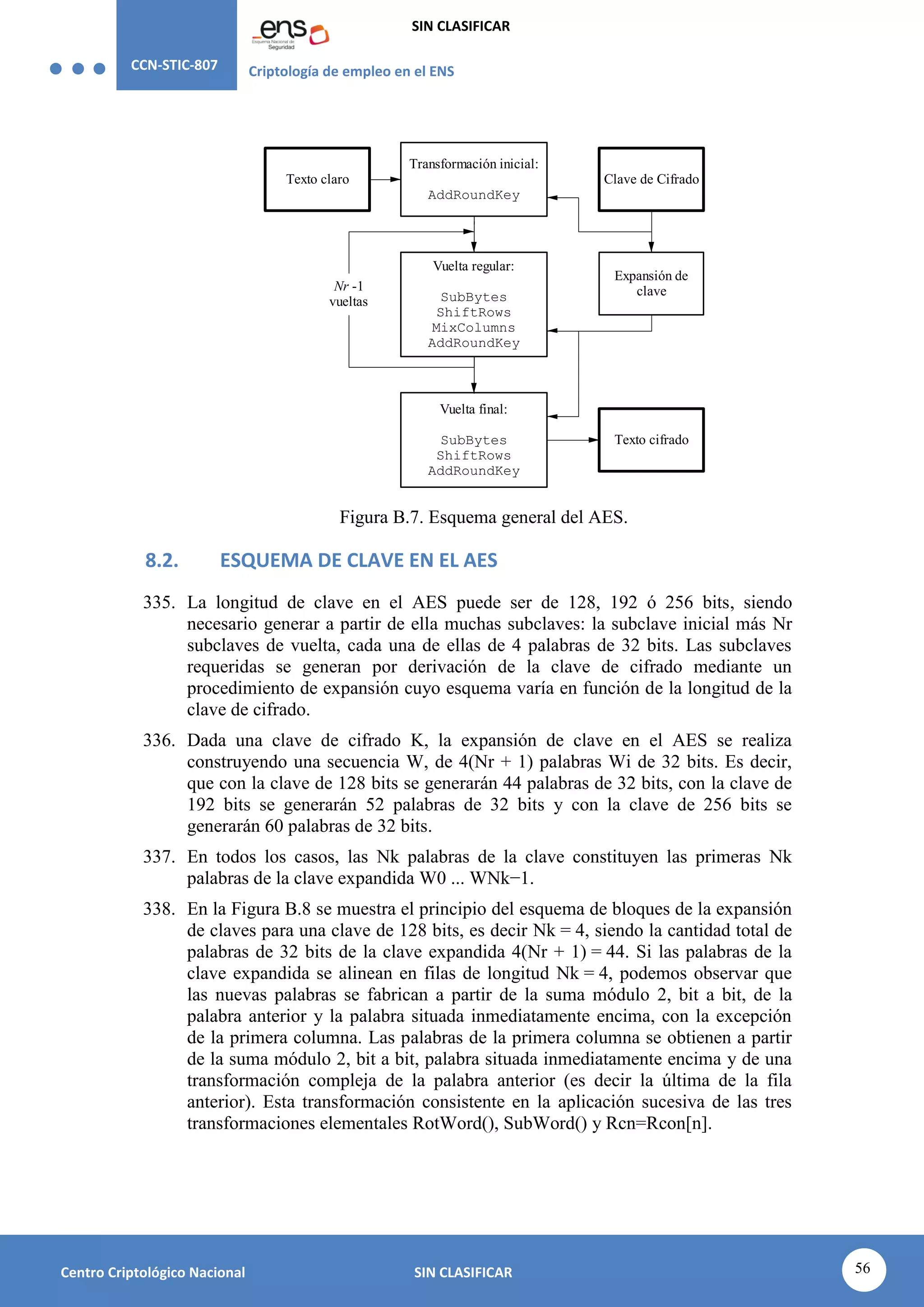 CCN-STIC-807 Criptología de empleo en el ENS
SIN CLASIFICAR
56
Centro Criptológico Nacional SIN CLASIFICAR
Texto claro
Transformación inicial:
AddRoundKey
Vuelta regular:
SubBytes
ShiftRows
MixColumns
AddRoundKey
Vuelta final:
SubBytes
ShiftRows
AddRoundKey
Texto cifrado
Clave de Cifrado
Expansión de
clave
Nr -1
vueltas
Figura B.7. Esquema general del AES.
8.2. ESQUEMA DE CLAVE EN EL AES
335. La longitud de clave en el AES puede ser de 128, 192 ó 256 bits, siendo
necesario generar a partir de ella muchas subclaves: la subclave inicial más Nr
subclaves de vuelta, cada una de ellas de 4 palabras de 32 bits. Las subclaves
requeridas se generan por derivación de la clave de cifrado mediante un
procedimiento de expansión cuyo esquema varía en función de la longitud de la
clave de cifrado.
336. Dada una clave de cifrado K, la expansión de clave en el AES se realiza
construyendo una secuencia W, de 4(Nr + 1) palabras Wi de 32 bits. Es decir,
que con la clave de 128 bits se generarán 44 palabras de 32 bits, con la clave de
192 bits se generarán 52 palabras de 32 bits y con la clave de 256 bits se
generarán 60 palabras de 32 bits.
337. En todos los casos, las Nk palabras de la clave constituyen las primeras Nk
palabras de la clave expandida W0 ... WNk−1.
338. En la Figura B.8 se muestra el principio del esquema de bloques de la expansión
de claves para una clave de 128 bits, es decir Nk = 4, siendo la cantidad total de
palabras de 32 bits de la clave expandida 4(Nr + 1) = 44. Si las palabras de la
clave expandida se alinean en filas de longitud Nk = 4, podemos observar que
las nuevas palabras se fabrican a partir de la suma módulo 2, bit a bit, de la
palabra anterior y la palabra situada inmediatamente encima, con la excepción
de la primera columna. Las palabras de la primera columna se obtienen a partir
de la suma módulo 2, bit a bit, palabra situada inmediatamente encima y de una
transformación compleja de la palabra anterior (es decir la última de la fila
anterior). Esta transformación consistente en la aplicación sucesiva de las tres
transformaciones elementales RotWord(), SubWord() y Rcn=Rcon[n].
 