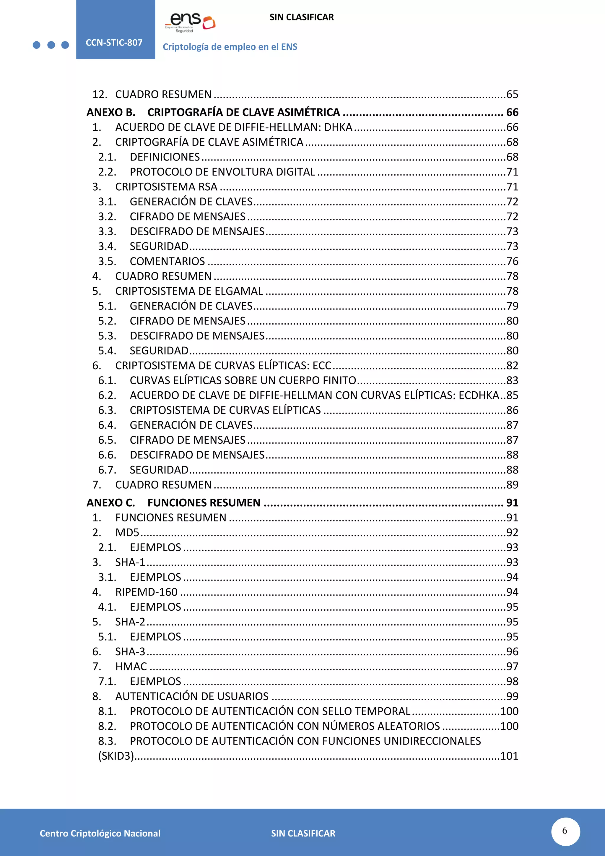 CCN-STIC-807 Criptología de empleo en el ENS
SIN CLASIFICAR
6
Centro Criptológico Nacional SIN CLASIFICAR
12. CUADRO RESUMEN................................................................................................65
ANEXO B. CRIPTOGRAFÍA DE CLAVE ASIMÉTRICA ................................................. 66
1. ACUERDO DE CLAVE DE DIFFIE-HELLMAN: DHKA..................................................66
2. CRIPTOGRAFÍA DE CLAVE ASIMÉTRICA..................................................................68
2.1. DEFINICIONES....................................................................................................68
2.2. PROTOCOLO DE ENVOLTURA DIGITAL ..............................................................71
3. CRIPTOSISTEMA RSA ..............................................................................................71
3.1. GENERACIÓN DE CLAVES...................................................................................72
3.2. CIFRADO DE MENSAJES.....................................................................................72
3.3. DESCIFRADO DE MENSAJES...............................................................................73
3.4. SEGURIDAD........................................................................................................73
3.5. COMENTARIOS ..................................................................................................76
4. CUADRO RESUMEN................................................................................................78
5. CRIPTOSISTEMA DE ELGAMAL ...............................................................................78
5.1. GENERACIÓN DE CLAVES...................................................................................79
5.2. CIFRADO DE MENSAJES.....................................................................................80
5.3. DESCIFRADO DE MENSAJES...............................................................................80
5.4. SEGURIDAD........................................................................................................80
6. CRIPTOSISTEMA DE CURVAS ELÍPTICAS: ECC.........................................................82
6.1. CURVAS ELÍPTICAS SOBRE UN CUERPO FINITO.................................................83
6.2. ACUERDO DE CLAVE DE DIFFIE-HELLMAN CON CURVAS ELÍPTICAS: ECDHKA..85
6.3. CRIPTOSISTEMA DE CURVAS ELÍPTICAS ............................................................86
6.4. GENERACIÓN DE CLAVES...................................................................................87
6.5. CIFRADO DE MENSAJES.....................................................................................87
6.6. DESCIFRADO DE MENSAJES...............................................................................88
6.7. SEGURIDAD........................................................................................................88
7. CUADRO RESUMEN................................................................................................89
ANEXO C. FUNCIONES RESUMEN ......................................................................... 91
1. FUNCIONES RESUMEN ...........................................................................................91
2. MD5........................................................................................................................92
2.1. EJEMPLOS..........................................................................................................93
3. SHA-1......................................................................................................................93
3.1. EJEMPLOS..........................................................................................................94
4. RIPEMD-160 ...........................................................................................................94
4.1. EJEMPLOS..........................................................................................................95
5. SHA-2......................................................................................................................95
5.1. EJEMPLOS..........................................................................................................95
6. SHA-3......................................................................................................................96
7. HMAC .....................................................................................................................97
7.1. EJEMPLOS..........................................................................................................98
8. AUTENTICACIÓN DE USUARIOS .............................................................................99
8.1. PROTOCOLO DE AUTENTICACIÓN CON SELLO TEMPORAL.............................100
8.2. PROTOCOLO DE AUTENTICACIÓN CON NÚMEROS ALEATORIOS ...................100
8.3. PROTOCOLO DE AUTENTICACIÓN CON FUNCIONES UNIDIRECCIONALES
(SKID3)........................................................................................................................101
 