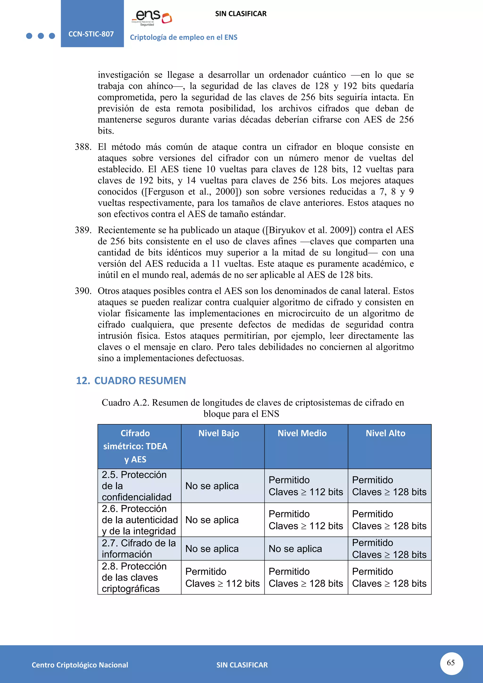 CCN-STIC-807 Criptología de empleo en el ENS
SIN CLASIFICAR
65
Centro Criptológico Nacional SIN CLASIFICAR
investigación se llegase a desarrollar un ordenador cuántico —en lo que se
trabaja con ahínco—, la seguridad de las claves de 128 y 192 bits quedaría
comprometida, pero la seguridad de las claves de 256 bits seguiría intacta. En
previsión de esta remota posibilidad, los archivos cifrados que deban de
mantenerse seguros durante varias décadas deberían cifrarse con AES de 256
bits.
388. El método más común de ataque contra un cifrador en bloque consiste en
ataques sobre versiones del cifrador con un número menor de vueltas del
establecido. El AES tiene 10 vueltas para claves de 128 bits, 12 vueltas para
claves de 192 bits, y 14 vueltas para claves de 256 bits. Los mejores ataques
conocidos ([Ferguson et al., 2000]) son sobre versiones reducidas a 7, 8 y 9
vueltas respectivamente, para los tamaños de clave anteriores. Estos ataques no
son efectivos contra el AES de tamaño estándar.
389. Recientemente se ha publicado un ataque ([Biryukov et al. 2009]) contra el AES
de 256 bits consistente en el uso de claves afines —claves que comparten una
cantidad de bits idénticos muy superior a la mitad de su longitud— con una
versión del AES reducida a 11 vueltas. Este ataque es puramente académico, e
inútil en el mundo real, además de no ser aplicable al AES de 128 bits.
390. Otros ataques posibles contra el AES son los denominados de canal lateral. Estos
ataques se pueden realizar contra cualquier algoritmo de cifrado y consisten en
violar físicamente las implementaciones en microcircuito de un algoritmo de
cifrado cualquiera, que presente defectos de medidas de seguridad contra
intrusión física. Estos ataques permitirían, por ejemplo, leer directamente las
claves o el mensaje en claro. Pero tales debilidades no conciernen al algoritmo
sino a implementaciones defectuosas.
12. CUADRO RESUMEN
Cuadro A.2. Resumen de longitudes de claves de criptosistemas de cifrado en
bloque para el ENS
Cifrado
simétrico: TDEA
y AES
Nivel Bajo Nivel Medio Nivel Alto
2.5. Protección
de la
confidencialidad
No se aplica
Permitido
Claves  112 bits
Permitido
Claves  128 bits
2.6. Protección
de la autenticidad
y de la integridad
No se aplica
Permitido
Claves  112 bits
Permitido
Claves  128 bits
2.7. Cifrado de la
información
No se aplica No se aplica
Permitido
Claves  128 bits
2.8. Protección
de las claves
criptográficas
Permitido
Claves  112 bits
Permitido
Claves  128 bits
Permitido
Claves  128 bits
 