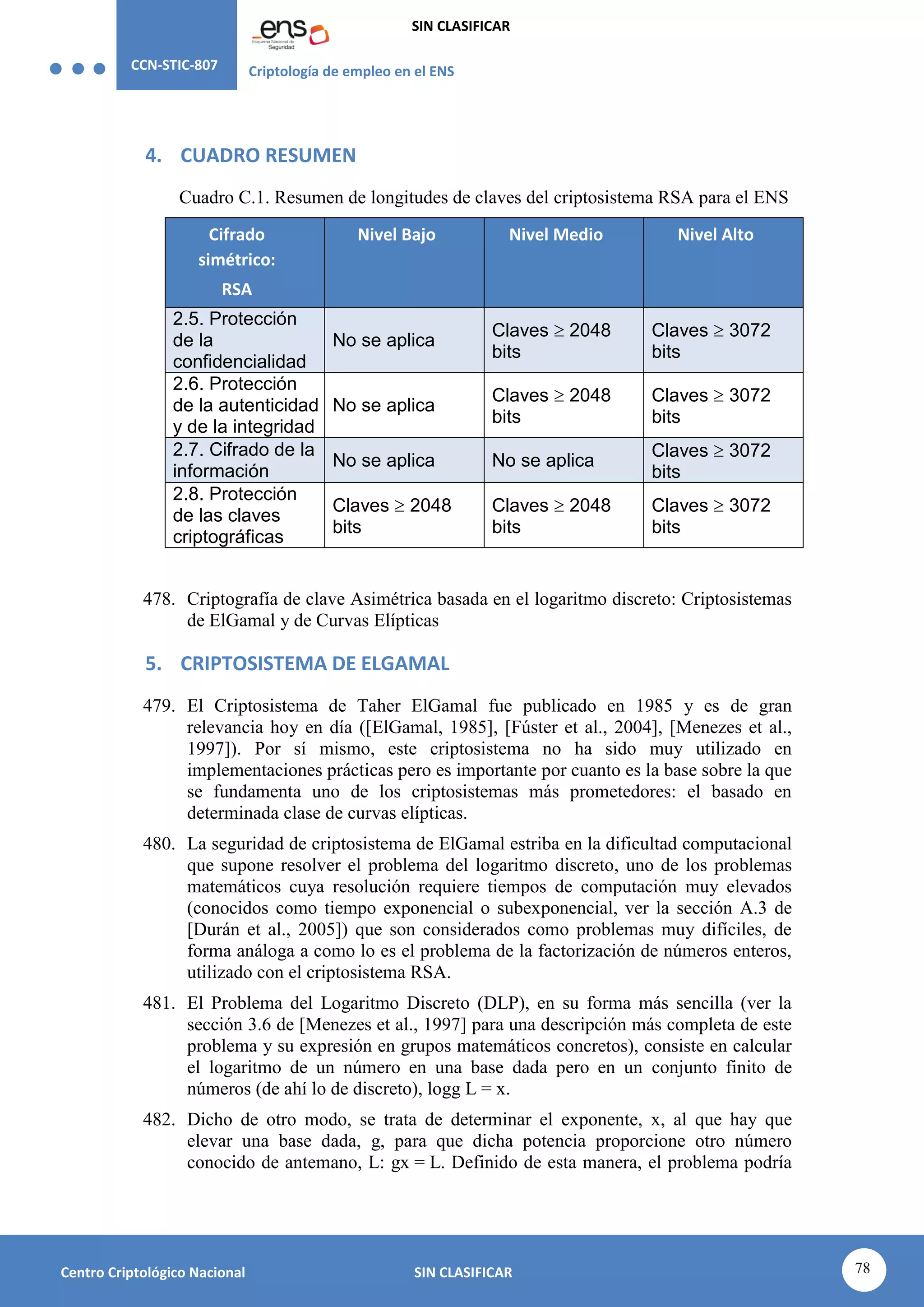 CCN-STIC-807 Criptología de empleo en el ENS
SIN CLASIFICAR
78
Centro Criptológico Nacional SIN CLASIFICAR
4. CUADRO RESUMEN
Cuadro C.1. Resumen de longitudes de claves del criptosistema RSA para el ENS
Cifrado
simétrico:
RSA
Nivel Bajo Nivel Medio Nivel Alto
2.5. Protección
de la
confidencialidad
No se aplica
Claves  2048
bits
Claves  3072
bits
2.6. Protección
de la autenticidad
y de la integridad
No se aplica
Claves  2048
bits
Claves  3072
bits
2.7. Cifrado de la
información
No se aplica No se aplica
Claves  3072
bits
2.8. Protección
de las claves
criptográficas
Claves  2048
bits
Claves  2048
bits
Claves  3072
bits
478. Criptografía de clave Asimétrica basada en el logaritmo discreto: Criptosistemas
de ElGamal y de Curvas Elípticas
5. CRIPTOSISTEMA DE ELGAMAL
479. El Criptosistema de Taher ElGamal fue publicado en 1985 y es de gran
relevancia hoy en día ([ElGamal, 1985], [Fúster et al., 2004], [Menezes et al.,
1997]). Por sí mismo, este criptosistema no ha sido muy utilizado en
implementaciones prácticas pero es importante por cuanto es la base sobre la que
se fundamenta uno de los criptosistemas más prometedores: el basado en
determinada clase de curvas elípticas.
480. La seguridad de criptosistema de ElGamal estriba en la dificultad computacional
que supone resolver el problema del logaritmo discreto, uno de los problemas
matemáticos cuya resolución requiere tiempos de computación muy elevados
(conocidos como tiempo exponencial o subexponencial, ver la sección A.3 de
[Durán et al., 2005]) que son considerados como problemas muy difíciles, de
forma análoga a como lo es el problema de la factorización de números enteros,
utilizado con el criptosistema RSA.
481. El Problema del Logaritmo Discreto (DLP), en su forma más sencilla (ver la
sección 3.6 de [Menezes et al., 1997] para una descripción más completa de este
problema y su expresión en grupos matemáticos concretos), consiste en calcular
el logaritmo de un número en una base dada pero en un conjunto finito de
números (de ahí lo de discreto), logg L = x.
482. Dicho de otro modo, se trata de determinar el exponente, x, al que hay que
elevar una base dada, g, para que dicha potencia proporcione otro número
conocido de antemano, L: gx = L. Definido de esta manera, el problema podría
 