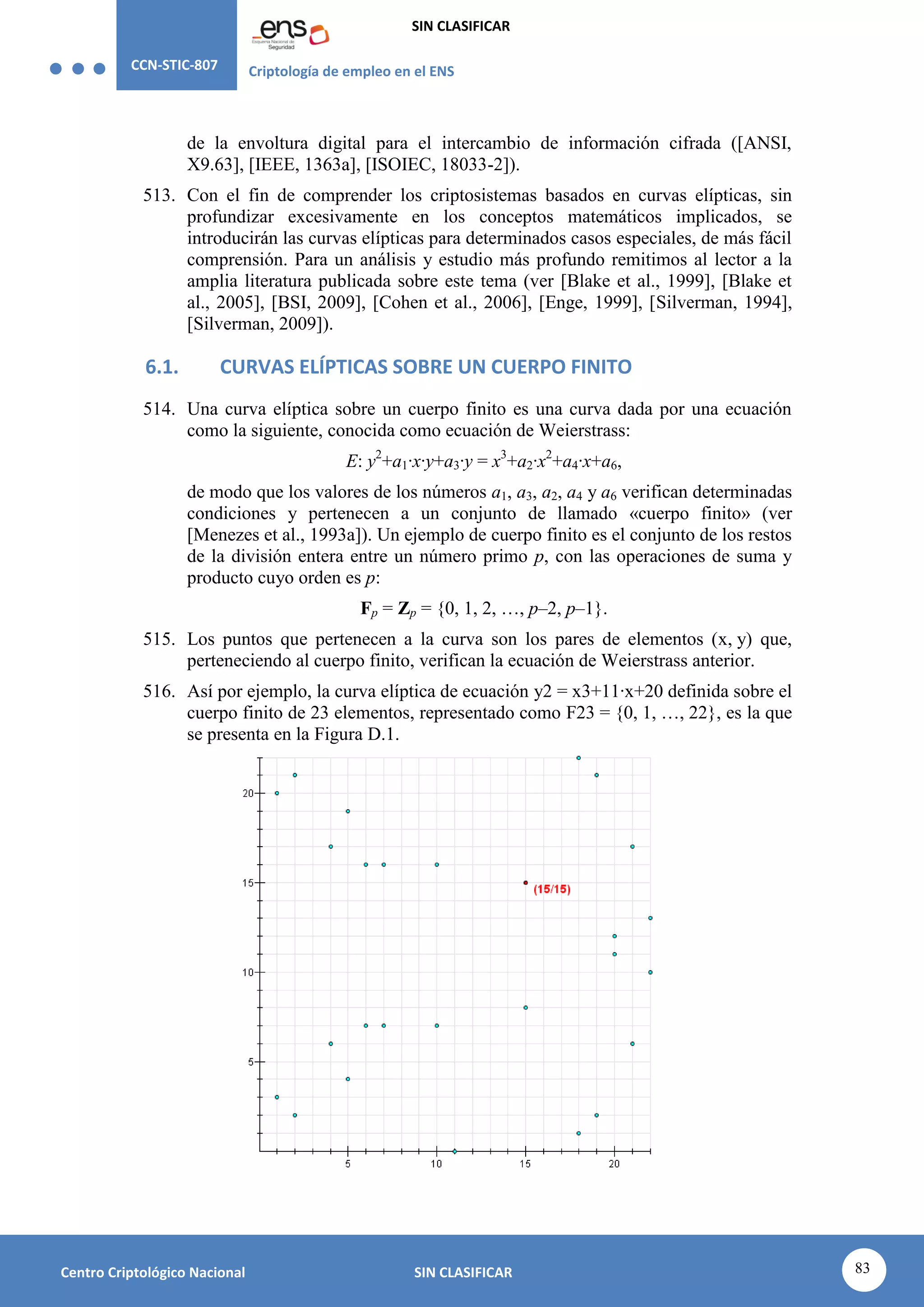 CCN-STIC-807 Criptología de empleo en el ENS
SIN CLASIFICAR
83
Centro Criptológico Nacional SIN CLASIFICAR
de la envoltura digital para el intercambio de información cifrada ([ANSI,
X9.63], [IEEE, 1363a], [ISOIEC, 18033-2]).
513. Con el fin de comprender los criptosistemas basados en curvas elípticas, sin
profundizar excesivamente en los conceptos matemáticos implicados, se
introducirán las curvas elípticas para determinados casos especiales, de más fácil
comprensión. Para un análisis y estudio más profundo remitimos al lector a la
amplia literatura publicada sobre este tema (ver [Blake et al., 1999], [Blake et
al., 2005], [BSI, 2009], [Cohen et al., 2006], [Enge, 1999], [Silverman, 1994],
[Silverman, 2009]).
6.1. CURVAS ELÍPTICAS SOBRE UN CUERPO FINITO
514. Una curva elíptica sobre un cuerpo finito es una curva dada por una ecuación
como la siguiente, conocida como ecuación de Weierstrass:
E: y2
+a1·x·y+a3·y = x3
+a2·x2
+a4·x+a6,
de modo que los valores de los números a1, a3, a2, a4 y a6 verifican determinadas
condiciones y pertenecen a un conjunto de llamado «cuerpo finito» (ver
[Menezes et al., 1993a]). Un ejemplo de cuerpo finito es el conjunto de los restos
de la división entera entre un número primo p, con las operaciones de suma y
producto cuyo orden es p:
Fp = Zp = {0, 1, 2, …, p–2, p–1}.
515. Los puntos que pertenecen a la curva son los pares de elementos (x, y) que,
perteneciendo al cuerpo finito, verifican la ecuación de Weierstrass anterior.
516. Así por ejemplo, la curva elíptica de ecuación y2 = x3+11·x+20 definida sobre el
cuerpo finito de 23 elementos, representado como F23 = {0, 1, …, 22}, es la que
se presenta en la Figura D.1.
 