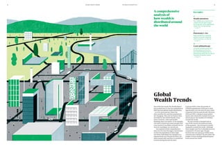 A comprehensive
analysis of
how wealth is
distributed around
the world
One of the key trends The Wealth Report
has tracked since it was first published in
2007 has been global wealth distribution
– or to be more precise, where the
ultra-wealthy live and how populations
are changing. This year we feature data,
provided by New World Wealth, from
more countries, cities and wealth
bandings than ever before. If, for example,
you need to know how many people with
a net worth of over $10m currently live in
Accra or Azerbaijan, we can tell you.
Our analysis of this comprehensive
data over the next few pages concentrates
on how the population of ultra-high-
net-worth individuals has changed on a
regional basis over the past 10 years, the
latest annual shift and how it is predicted
to move during the next 10 years.
A pivotal shift is that the growth of
UHNWI populations is forecast to slow
significantly over the next 10 years when
compared with the past decade. Between
2014 and 2015, a slump in many global
equity and commodity markets led to an
actual drop in the number of UHNWIs
around the world.
We also include a detailed look at
one of the current hot political issues
of the moment – the increase in wealth
inequality around the world. Although
fewer people now live in absolute poverty
compared to 10 years ago, the gap
between the rich and poor within many
countries has widened. We also share the
insight of three leading philanthropists
from around the world.
Global
Wealth Trends
Key topics
01
Wealth slowdown
New UHNWIs will continue to be
created over the next 10 years,
but the growth will be significantly
slower than the past decade
page 20
02
Plutonomy’s rise
Fewer people live in absolute
poverty, but wealth inequality
within countries is on the rise
page 24
03
A new philanthropy
Influential philanthropists from
the developing world outline
their empowering approach to
philanthropy, which aims to reduce
inequality via wealth creation
page 26
THE WEALTH REPORT 2016GLOBAL WEALTH TRENDS 1918
 