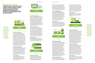 TRENDS OF THE DECADE
As the past decade’s growth engine of the
world economy, the Asia-Pacific region
has seen a number of significant trends.
The expansion of interest in commercial
property from a swelling population of
wealthy individuals has perhaps been the
most notable. We’ve seen private capital
from Hong Kong, Singapore, India,
Malaysia and most notably, China, buy-
ing in key western markets, such as the
UK, Australia and the US. Domestically,
we’ve seen numerous tiers of private
capital attracted to opportunities in lo-
cal commercial markets, often spurred
by the cooling measures placed on the
region’s residential markets.
—
FUTURE OPPORTUNITIES
Assets in the key Western markets will
continue to be targeted by Asian private
investment, while a slow maturing of
domestic markets and the growth of
different methods of investing – from
REITs in India and China, to syndicated
or club-type deals that increase UHNWI
exposure to the commercial real-estate
market. Asset classes showing growth
prospects in locations that provide trans-
parency, wealth preservation, liquidity
and security will be most in demand.
—
LANDMARK DEAL
The sale of 50 Bank Street, Canary Wharf,
London, for £153.5m to a prominent Hong
Kong family illustrates how private Asian
capital is moving away from low yielding
domestic markets.
TRENDS OF THE DECADE
Dubai has emerged as a global hub for
financial services, logistics, hospital-
ity and trade. Its airport has overtaken
London Heathrow as the busiest by
international passenger numbers and
TRENDS OF THE DECADE
Berlin is now a significant target for global
investors, particularly those attracted by
its young, creative business environment.
Besides local and other European players,
international developers such as Hines
and Tishman Speyer are currently very
active. Only a few office developments
were built before 2012, but, within the last
36 months, potential prime locations such
as Europa City and the Media Spree area
have been established, driven by the city’s
dramatic IT expansion.
—
FUTURE OPPORTUNITIES
Berlin’s growing start-up community
will continue to drive the office market as
new creative areas are established. Over
the next three to six years investors will
discover different types of investment.
This will provide office opportunities in
city locations such as Charlottenburg,
Kreuzberg and Tiergarten, which are not
yet prime but have growth potential for
rents and yields. The eventual opening of
the city’s new airport can only help.
—
LANDMARK DEAL
Kurfürstendamm 212-214 was a rarely
available prime high-street opportunity.
We acted for a Berlin-based family on the
acquisition of this €84m investment.
TRENDS OF THE DECADE
There has been a sea-change in attitudes
towards Sub-Saharan Africa over the past
decade, as a rising number of investors
have recognised it as a region of long-
term growth and opportunity. Although
most markets, with the exception of
South Africa, remain small by inter-
national standards, modern property
development has gathered pace and the
stock of investment-grade commercial
property has increased. Private intra-
Africa investment by UHNWIs is increas-
ing as is the amount of money being
invested by individuals from the Gulf,
particularly into Muslim countries in-
cluding Senegal. South African funds and
trailblazing UK-based emerging market
specialist Actis are also active.
—
FUTURE OPPORTUNITIES
Large, fast-growing cities, such as Nairo-
bi, Lagos, Dar es Salaam and Luanda will
continue to offer the clearest investment
Global Markets in Focus
Knight Frank’s capital markets
experts look at the key trends
of the past decade, future
opportunities for private
investors and landmark deals
in their market
opportunities. The growth of Africa’s
consumer class will create opportunities
for further development in the retail sec-
tor – both in the current hotspots and in
second-tier cities where developers may
be able to gain first-mover advantage.
The logistics sector should also emerge in
importance, particularly in key gateway
locations such as Lusaka, Zambia.
—
LANDMARK DEAL
Developed by Actis, the first phase of
Nairobi’s 33,000 sq m Garden City mall
opened in 2015. It is the largest mall in
East Africa.
the Dubai International Finance Centre
(DIFC) is the region’s leading financial
hub. These factors have fuelled the devel-
opment of new master communities and a
CBD and attracted significant investment
from neighbouring GCC countries and the
wider region, including India and China.
—
FUTURE OPPORTUNITIES
We see continued investment from the
Gulf into other key international markets
as diversification remains paramount. As
more international corporations establish
regional headquarters and expand and
consolidate existing office space, there
will be a greater focus on quality in Dubai.
We see opportunities in well located,
wholly owned Grade A office develop-
ments and in logistics warehouses con-
nected to the new Dubai airport.
—
LANDMARK DEAL
The acquisition of the super-prime Rolex
Unit at One Hyde Park, Knightsbridge,
London, highlights the continued demand
for best-in-class assets in key global cities.
Knight Frank acted for a private Middle
Eastern investor in this transaction.
DEBORAH WATT
London NEIL BROOKES
Asia Pacific
JOSEPH MORRIS
Middle East
PETER WELBORN
Africa
OLE SAUER
Germany
We have seen
Dubai airport
overtake
Heathrow as the
busiest airport
by international
passenger
numbers and
Dubai overtake
New York in
respect of
overnight
tourist numbers
per annum
There has been
a sea-change
in attitudes
towards Sub-
Saharan Africa
over the past
decade, as a
rising number
of investors
have recognised
it as a region
of long-term
growth and
opportunity
TRENDS OF THE DECADE
Ten years ago UHNW investors looked
to trusted Central London office loca-
tions, particularly Mayfair, High St
Kensington and core City, with the more
adventurous venturing into Soho or Cov-
ent Garden. Investments would often be
freehold, with a 10-year plus lease and no
more than two tenants. Today, multi-let
properties with well-timed lease expiries
and rent reviews are favoured. New areas
include the City fringe, Farringdon,
Clerkenwell, Bloomsbury (all benefiting
from Crossrail) and Paddington. They are
also branching into the UK’s regional cit-
ies and different sectors such as logistics
and student accommodation.
—
FUTURE OPPORTUNITIES
I would be looking at offices in good CBD
locations in key regional UK cities, such
as Birmingham, Manchester and Edin-
burgh. Multi-let offices in Bloomsbury,
Farringdon and Old Street/Moorgate,
where there is the opportunity to refur-
bish and reconfigure to improve rental
levels, and where the micro location will
benefit from new Crossrail stations.
—
LANDMARK DEAL
The Aviva Tower, which Knight Frank
sold to a private Asian investor who
outbid the institutional sector, was the
first of three skyscrapers acquired by
international UHNWIs.
5150 THE WEALTH REPORT 2016COMMERCIAL PROPERTY
 