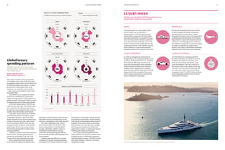 YACHTS
Continued growth in the super-yacht
sector (boats over 24 metres), is
supported by a 40% increase in sales
during 2015 compared with 2014 (Boat
International Media). As people become
more focused on the lifestyle experienc-
es associated with yachting, we see the
choice of destinations shifting from the
traditional havens of the Mediterranean
and Caribbean, to more adventurous
locations such as the Antarctic and Asia.
LUXURY AUTOMOBILES
In order to navigate the intricacies of
doing business in emerging markets such
as Africa, brands will have to re-calibrate
their product offerings. We have seen
more top-end marques such as Bentley
release off-road models more suited to
rougher roads. Appealing to a rapidly
growing and youthful population heavily
influenced by the strength of the conti-
nent’s online community is also key for
luxury marketers to get right.
PRIVATE JETS
Private jet ownership levels are very low
in Asia, despite the region’s strong eco-
nomic growth in recent years. Under‑
developed infrastructure, lack of qualified
professionals and stringent civil aviation
regulations in important markets such as
China are contributing factors. However,
the industry continues to watch the region
in order to capitalise on rapid wealth
growth. The entry of fractional ownership
operators into China may boost demand.
LUXURY COLLECTABLES
As individuals in emerging markets
become wealthier, we expect to see the
numbers of collectors increase. Not
only do collectables represent a safe
asset investment, they are a way of il-
lustrating status and a sense of having
‘arrived’. Last year, the world’s top 200
art collectors came from 36 countries,
compared with 17 in 1990. Many of these
were emerging markets such as China
and Brazil (Art News).
LUXURY FOCUS
The latest trends driving UHNWI spending patterns
and the global market for luxury goods
The Vava II: The largest yacht ever built in the UK cruises off the coast of Plymouth
The index is based on the proportion
of UHNWIs from each of the principal
geographic regions who own at least one
of the following luxury assets – yachts,
private jets, collectables (fine wine,
antiques, art, jewellery and watches)
– and a luxury automobile worth more
than $100,000.
This allows us to compare the likeli-
hood of an UHNWI from a particular
region owning a luxury asset against the
global average. The overall index is equal-
ly weighted across the four asset classes.
In a world where many UHNWIs are
cash rich yet time poor, yachting contin-
ues to provide the ultimate sanctuary
for privacy and an opportunity to spend
quality time with family and friends. 
Currently, North American UHNWIs
are below the global average for yacht
ownership. However, due to the high
levels of wealth in the US we expect own-
ership to increase. In Asia, there tends
not to be such an affinity with the sea,
compared with countries in the Pacific
and Europe. We see this as one reason
for the lower proportion of Asian yacht-
owning UHNWIs.
UHNWIs in Africa and Latin America
show a much stronger propensity for
private jet ownership (2.0x and 1.59x
respectively) than the global average. 
Poor commercial travel infrastruc-
ture within the regions combined with
Global luxury
spending patterns
Wealth-X introduces its new Luxury
Spending Index, produced exclusively for
The Wealth Report
MADELAINE OLLIVIER,
BEN KINNARD, WEALTH-X
significant travel distances between busi-
ness hubs on each continent has, in our
opinion, contributed to this high demand.
Our index highlights that, within
Africa, the number of UHNWIs with a
luxury automobile is 1.55x the global
average. Although wealth in Africa is
extremely concentrated in certain
countries, we see growing potential for
luxury brands brands including high-end
auto marques.
Despite ongoing difficult economic
conditions in many emerging markets,
the appetite of wealthy collectors hasn’t
diminished. If anything, during periods
of economic uncertainty, many wealthy
individuals in emerging markets look for
tangible investments such as paintings
(particularly the contemporary, modern
and impressionist genres), which will
appreciate in value, as opposed to luxury
clothing and leather accessories.
Our Luxury Spending Index shows
that UHNWIs in Europe are almost twice
as likely to own a collectable compared
with the global average. UHNWIs in Asia
and Latin America, however, are below
the global average.
Afr
ica
Pac
ific
Eur
ope
North
A
m
erica
Global
MiddleEast
Latin America
Asia
WEALTH-X LUXURY SPENDING INDEX
UHNWI ownership of luxury assets by region
OVERALL LUXURY SPENDING INDEX
Afr
ica
Pac
ific
Eur
ope
North
A
m
erica
MiddleEast
Latin America
Asia
Global
300
200
155
168
60
178
113
128
108
Luxury automobiles
Afr
ica
Pac
ific
Eur
ope
North
A
m
erica
MiddleEast
Latin America
Asia
Global
200
111
133
73
48
28
159
Private jets
50
Global Africa Asia Europe Middle
East
North
America
PacificLatin
America
100
150
200
191
9285110
163
72
126
100
84
342
74
216
96
42
113
Yachts
100
300
200
100
Afr
ica
Pac
ific
Eur
ope
North
A
m
erica
MiddleEast
Latin America
Asia
Global
300
200
66
142
75
187
110
88
59
Collectables
100
300
200
100
Source: Wealth-X
Denotes global average
LEGEND
6160 THE WEALTH REPORT 2016LUXURY SPENDING TRENDS
 