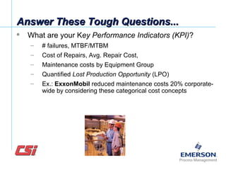 Answer These Tough Questions...Answer These Tough Questions...
 What are your Key Performance Indicators (KPI)?
– # failures, MTBF/MTBM
– Cost of Repairs, Avg. Repair Cost,
– Maintenance costs by Equipment Group
– Quantified Lost Production Opportunity (LPO)
– Ex.: ExxonMobil reduced maintenance costs 20% corporate-
wide by considering these categorical cost concepts
 