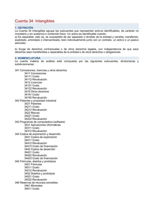 Cuenta 34: Intangibles
1. DEFINICIÓN
La Cuenta 34 Intangibles agrupa las subcuentas que representan activos identificables, de carácter no
monetario y sin sustancia o contenido físico. Un activo es identificable cuando:
a) Es separable, esto es, es susceptible de ser separado o dividido de la entidad y vendido, transferido,
explotado, arrendado o intercambiado, bien individualmente junto con un contrato, un activo o un pasivo
asociado;
b) Surge de derechos contractuales o de otros derechos legales, con independencia de que esos
derechos sean transferibles o separables de la entidad o de otros derechos u obligaciones.
2. NOMENCLATURA
La cuenta materia de análisis está compuesta por las siguientes subcuentas, divisionarias y
subdivisionarias:
341 Concesiones, licencias y otros derechos
3411 Concesiones
34111 Costo
34112 Revaluación
3412 Licencias
34121 Costo
34122 Revaluación
3419 Otros derechos
34191 Costo
34192 Revaluación
342 Patentes y propiedad industrial
3421 Patentes
34211 Costo
34212 Revaluación
3422 Marcas
34221 Costo
34222 Revaluación
343 Programas de computadora (software)
3431 Aplicaciones informáticas
34311 Costo
34312 Revaluación
344 Costos de exploración y desarrollo
3441 Costos de exploración
34411 Costo
34412 Revaluación
34413 Costo de financiación
3442 Costos de desarrollo
34421 Costo
34422 Revaluación
34423 Costo de financiación
345 Fórmulas, diseños y prototipos
3451 Fórmulas
34511 Costo
34512 Revaluación
3452 Diseños y prototipos
34521 Costo
34522 Revaluación
346 Reservas de recursos extraíbles
3461 Minerales
34611 Costo
 
