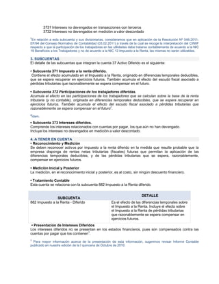 3731 Intereses no devengados en transacciones con terceros
3732 Intereses no devengados en medición a valor descontado
1
En relación a esta subcuenta y sus divisionarias, consideramos que en aplicación de la Resolución Nº 046-2011-
EF/94 del Consejo Normativo de Contabilidad (03.02.2011) a través de la cual se recoge la interpretación del CINIIF
respecto a que la participación de los trabajadores en las utilidades debe tratarse contablemente de acuerdo a la NIC
19 Beneficios a los Trabajadores y no de acuerdo a la NIC 12 Impuesto a la Renta, las mismas no serán utilizables.
3. SUBCUENTAS
El detalle de las subcuentas que integran la cuenta 37 Activo Diferido es el siguiente:
‡ Subcuenta 371 Impuesto a la renta diferido.
Contiene el efecto acumulado en el Impuesto a la Renta, originado en diferencias temporales deducibles,
que se espera recuperar en ejercicios futuros. También acumula el efecto del escudo fiscal asociado a
pérdidas tributarias que razonablemente se espera compensar en el futuro.
‡ Subcuenta 372 Participaciones de los trabajadores diferidas.
Acumula el efecto en las participaciones de los trabajadores que se calculan sobre la base de la renta
tributaria (y no contable), originada en diferencias temporales deducibles, que se espera recuperar en
ejercicios futuros. También acumula el efecto del escudo fiscal asociado a pérdidas tributarias que
razonablemente se espera compensar en el futuro2
.
2
Ídem.
‡ Subcuenta 373 Intereses diferidos.
Comprende los intereses relacionados con cuentas por pagar, los que aún no han devengado.
Incluye los intereses no devengados en medición a valor descontado.
4. A TENER EN CUENTA
‡ Reconocimiento y Medición
Se deben reconocer activos por impuesto a la renta diferido en la medida que resulte probable que la
empresa disponga de rentas netas tributarias (fiscales) futuras que permitan la aplicación de las
diferencias temporales deducibles, y de las pérdidas tributarias que se espera, razonablemente,
compensar en ejercicios futuros.
‡ Medición Inicial y Posterior
La medición, en el reconocimiento inicial y posterior, es al costo, sin ningún descuento financiero.
‡ Tratamiento Contable
Esta cuenta se relaciona con la subcuenta 882 Impuesto a la Renta diferido.
SUBCUENTA
DETALLE
882 Impuesto a la Renta - Diferido Es el efecto de las diferencias temporales sobre
el Impuesto a la Renta. Incluye el efecto sobre
el Impuesto a la Renta de pérdidas tributarias
que razonablemente se espera compensar en
ejercicios futuros.
‡ Presentación de Intereses Diferidos
Los intereses diferidos no se presentan en los estados financieros, pues son compensados contra las
cuentas por pagar que los contienen
3
.
3
Para mayor información acerca de la presentación de esta información, sugerimos revisar Informe Contable
publicado en nuestra edición de la I quincena de Octubre de 2010.
 