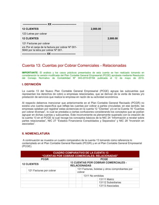 ---------------------------- XX ----------------------------
12 CLIENTES 2,000.00
123 Letras por cobrar
12 CLIENTES 2,000.00
121 Facturas por cobrar
x/x Por el canje de la factura por cobrar Nº 001-
5640 por la letra por cobrar Nº 001.
---------------------------- XX ----------------------------
Cuenta 13: Cuentas por Cobrar Comerciales - Relacionadas
IMPORTANTE: El análisis y los casos prácticos presentados de esta cuenta se han realizado tomando en
consideración la versión modificada del Plan Contable General Empresarial (PCGE) aprobada mediante Resolución
del Consejo Normativo de Contabilidad Nº 043-2010-EF/94 publicada el 12 de mayo de 2010.
I. DEFINICIÓN
La cuenta 13 del Nuevo Plan Contable General Empresarial (PCGE) agrupa las subcuentas que
representan los derechos de cobro a empresas relacionadas, que se derivan de la venta de bienes y/o
prestación de servicios que realiza la empresa en razón de su actividad económica.
Al respecto debemos mencionar que anteriormente en el Plan Contable General Revisado (PCGR) no
existía una cuenta específica que refleje las cuentas por cobrar a partes vinculadas; en ese sentido, las
empresas optaban por registrar estas acreencias en la cuenta 12 ³Clientes´ y/o en la Cuenta 16 ³Cuentas
por cobrar diversas´, lo cual se prestaba a ciertas confusiones considerando los conceptos que se podían
agrupar en dichas cuentas y subcuentas. Este inconveniente es plenamente superado con la creación de
la cuenta 13 en el PCGE la cual recoge los conceptos básicos de la NIC 24 ³Información a revelar sobre
partes relacionadas´, NIC 27 ³Estados Financieros Consolidados y Separados´ y NIC 28 ³Inversión en
asociadas´.
II. NOMENCLATURA
A continuación se muestra un cuadro comparativo de la cuenta 13 tomando como referencia lo
contemplado en el Plan Contable General Revisado (PCGR) y en el Plan Contable General Empresarial
(PCGE).
CUADRO COMPARATIVO DE LA CUENTA 13
³CUENTAS POR COBRAR COMERCIALES- RELACIONADAS´
PCGR PCGE
12 CLIENTES
13 CUENTAS POR COBRAR COMERCIALES -
RELACIONADAS
121 Facturas por cobrar
131 Facturas, boletas y otros comprobantes por
cobrar
1311 No emitidas
13111 Matriz
13112 Subsidiarias
13113 Asociadas
 