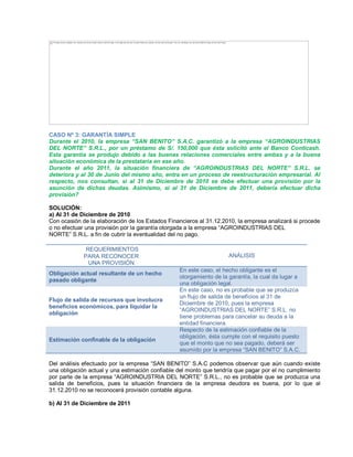 CASO Nº 3: GARANTÍA SIMPLE
Durante el 2010, la empresa ³SAN BENITO´ S.A.C. garantizó a la empresa ³AGROINDUSTRIAS
DEL NORTE´ S.R.L., por un préstamo de S/. 150,000 que ésta solicitó ante el Banco Conticash.
Esta garantía se produjo debido a las buenas relaciones comerciales entre ambas y a la buena
situación económica de la prestataria en ese año.
Durante el año 2011, la situación financiera de ³AGROINDUSTRIAS DEL NORTE´ S.R.L. se
deteriora y al 30 de Junio del mismo año, entra en un proceso de reestructuración empresarial. Al
respecto, nos consultan, si al 31 de Diciembre de 2010 se debe efectuar una provisión por la
asunción de dichas deudas. Asimismo, si al 31 de Diciembre de 2011, debería efectuar dicha
provisión?
SOLUCIÓN:
a) Al 31 de Diciembre de 2010
Con ocasión de la elaboración de los Estados Financieros al 31.12.2010, la empresa analizará si procede
o no efectuar una provisión por la garantía otorgada a la empresa ³AGROINDUSTRIAS DEL
NORTE´ S.R.L. a fin de cubrir la eventualidad del no pago.
REQUERIMIENTOS
PARA RECONOCER
UNA PROVISIÓN
ANÁLISIS
Obligación actual resultante de un hecho
pasado obligante
En este caso, el hecho obligante es el
otorgamiento de la garantía, la cual da lugar a
una obligación legal.
Flujo de salida de recursos que involucra
beneficios económicos, para liquidar la
obligación
En este caso, no es probable que se produzca
un flujo de salida de beneficios al 31 de
Diciembre de 2010, pues la empresa
³AGROINDUSTRIAS DEL NORTE´ S.R.L. no
tiene problemas para cancelar su deuda a la
entidad financiera.
Estimación confinable de la obligación
Respecto de la estimación confiable de la
obligación, ésta cumple con el requisito puesto
que el monto que no sea pagado, deberá ser
asumido por la empresa ³SAN BENITO´ S.A.C.
Del análisis efectuado por la empresa ³SAN BENITO´ S.A.C podemos observar que aún cuando existe
una obligación actual y una estimación confiable del monto que tendría que pagar por el no cumplimiento
por parte de la empresa ³AGROINDUSTRIA DEL NORTE´ S.R.L., no es probable que se produzca una
salida de beneficios, pues la situación financiera de la empresa deudora es buena, por lo que al
31.12.2010 no se reconocerá provisión contable alguna.
b) Al 31 de Diciembre de 2011
The image cannot be displayed. Your computer may not have enough memory to open the image, or the image may have been corrupted. Restart your computer, and then open the file again. If the red x still appears, you may have to delete the image and then insert it again.
 
