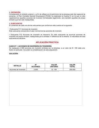 2. DEFINICIÓN
Considerando el contexto anterior, y a fin de reflejar en el patrimonio de la empresa este tipo especial de
acciones, el Plan Contable General Empresarial (PCGE) ha destinado la Cuenta 51 en la que no sólo
registraremos aquellas acciones de inversión formalizadas legalmente, sino también aquellas de propia
emisión que han sido readquiridas.
3. SUBCUENTAS
El contenido de cada una de las subcuentas que conforman esta cuenta es la siguiente:
‡ Subcuenta 511 Acciones de inversión:
Esta subcuenta comprende el valor nominal de las acciones de inversión.
‡ Subcuenta 512 Acciones de inversión en tesorería: En esta subcuenta se acumula acciones de
inversión de propia emisión, readquiridas por la entidad. A diferencia de la anterior, la naturaleza de esta
subcuenta es deudora.
APLICACIÓN PRÁCTICA
CASO Nº 1: ACCIONES DE INVERSIÓN EN TESORERÍA
Se readquiere 2,000 acciones de inversión emitidas por la empresa, a un valor de S/. 100 cada una.
Sobre el particular, nos piden la contabilización de esta adquisición.
SOLUCIÓN:
DETALLE
Nº
ACCIONES
VALOR
UNITARIO
VALOR
TOTAL
Acciones de Inversión 2,000 S/. 100 200,000
The image cannot be displayed. Your computer may not have enough memory to open the image, or the image may have been corrupted. Restart your computer, and then open the file again. If the red x still appears, you may have to delete the image and then insert it again.
 