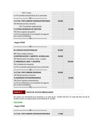 33411 Costo
x/x Por pérdida extraordinaria de la camioneta
---------------------------- XX ----------------------------
16 CTAS. POR COBRAR DIVERSASTERCEROS 50,000
162 Reclamaciones a terceros
1621 Compañías aseguradoras
75 OTROS INGRESOS DE GESTIÓN 50,000
759 Otros ingresos de gestión
x/x Por la reclamación a la compañía de seguros
por el activo siniestrado.
---------------------------- XX ----------------------------
‡ Según PCGR
---------------------------- XX ----------------------------
66 CARGAS EXCEPCIONALES 80,000
669 Otras cargas excepcio.
39 DEPRECIACIÓN Y AMORTIZ. ACUMULADA 20,000
393 Depreciación Inmuebles, maqu. y equipo
33 INMUEBLES, MAQ. Y EQUIPOS 100,000
334 Unidades de transporte
x/x Por la pérdida extraordinaria de la camioneta.
---------------------------- XX ----------------------------
16 CTAS. POR COBRAR DIVERSAS 50,000
162 Reclamaciones a terceros
76 INGRESOS EXTRAORDINARIOS 50,000
769 Otros ingresos extraordinarios
x/x Por la reclamación a la compañía de seguros
por el activo siniestrado.
---------------------------- XX ----------------------------
CASO N° 3 VENTA DE ACTIVO INMOVILIZADO
Se vende una camioneta de la empresa a un valor de S/. 10,000 más IGV. El costo del bien fue de S/.
50,000 y tiene una depreciación acumulada de S/. 42,000.
SOLUCIÓN:
‡ Según PCGE
---------------------------- XX ----------------------------
16 CTAS. POR COBRAR DIVERSASTERCEROS 11,900
 
