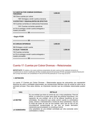 16 CUENTAS POR COBRAR DIVERSAS ±
TERCEROS
3,500.00
168 Otras cuentas por cobrar
1681 Entregas a rendir cuenta a terceros
10 EFECTIVO Y EQUIVALENTES DE EFECTIVO 3,500.00
104 Cuentas corrientes en instituciones financieras
1041 Cuentas corrientes operativas
x/x Por la entrega a rendir cuenta entregada a
nuestro proveedor.
---------------------------- XX ----------------------------
‡ Según PCGR
---------------------------- XX ----------------------------
38 CARGAS DIFERIDAS 3,500.00
384 Entregas a rendir cuenta
10 CAJA Y BANCOS 3,500.00
104 Cuentas corrientes
x/x Por la entrega a rendir cuenta entregada a
nuestro proveedor.
---------------------------- XX ----------------------------
Cuenta 17: Cuentas por Cobrar Diversas ± Relacionadas
IMPORTANTE: El análisis y los casos prácticos presentados de esta cuenta se han realizado tomando en
consideración la versión modificada del Plan Contable General Empresarial (PCGE) aprobada mediante Resolución
del Consejo Normativo de Contabilidad Nº 043-2010-EF/94 publicada el 12 de mayo de 2010.
I. DEFINICIÓN
La cuenta 17 Cuentas por Cobrar Diversas ± Relacionadas agrupa las subcuentas que representan
derechos de cobro a entidades relacionadas, por transacciones distintas a las de ventas en razón de su
actividad principal. Para estos efectos, es importante recordar que las entidades relacionadas pueden
ser:
TIPO DETALLE
LA MATRIZ
Es una entidad que tiene el control de una o más subsidiarias. Para tal
efecto, el control es el poder para dirigir las políticas financieras y de
operación de una entidad, con el fin de obtener beneficios de sus
actividades. Se presumirá que existe control cuando la controladora
posea, directa o indirectamente a través de otras subsidiarias, mas de
la mitad del poder de voto de otra entidad, salvo que se den en las
circunstancias excepcionales en las que se pueda demostrar
claramente que tal posesión no constituye control.
LA SUBSIDIARIA
Una subsidiaria es una entidad controlada por otra (conocida como
controladora o matriz).
 