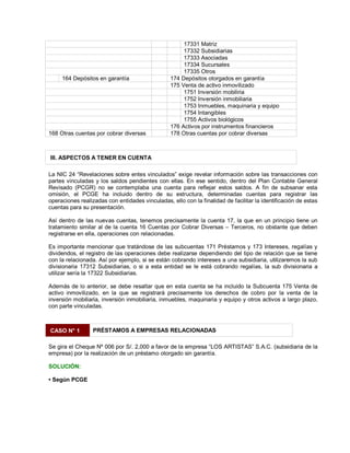 17331 Matriz
17332 Subsidiarias
17333 Asociadas
17334 Sucursales
17335 Otros
164 Depósitos en garantía 174 Depósitos otorgados en garantía
175 Venta de activo inmovilizado
1751 Inversión mobiliria
1752 Inversión inmobiliaria
1753 Inmuebles, maquinaria y equipo
1754 Intangibles
1755 Activos biológicos
176 Activos por instrumentos financieros
168 Otras cuentas por cobrar diversas 178 Otras cuentas por cobrar diversas
III. ASPECTOS A TENER EN CUENTA
La NIC 24 ³Revelaciones sobre entes vinculados´ exige revelar información sobre las transacciones con
partes vinculadas y los saldos pendientes con ellas. En ese sentido, dentro del Plan Contable General
Revisado (PCGR) no se contemplaba una cuenta para reflejar estos saldos. A fin de subsanar esta
omisión, el PCGE ha incluido dentro de su estructura, determinadas cuentas para registrar las
operaciones realizadas con entidades vinculadas, ello con la finalidad de facilitar la identificación de estas
cuentas para su presentación.
Así dentro de las nuevas cuentas, tenemos precisamente la cuenta 17, la que en un principio tiene un
tratamiento similar al de la cuenta 16 Cuentas por Cobrar Diversas ± Terceros, no obstante que deben
registrarse en ella, operaciones con relacionadas.
Es importante mencionar que tratándose de las subcuentas 171 Préstamos y 173 Intereses, regalías y
dividendos, el registro de las operaciones debe realizarse dependiendo del tipo de relación que se tiene
con la relacionada. Así por ejemplo, si se están cobrando intereses a una subsidiaria, utilizaremos la sub
divisionaria 17312 Subsidiarias, o si a esta entidad se le está cobrando regalías, la sub divisionaria a
utilizar sería la 17322 Subsidiarias.
Además de lo anterior, se debe resaltar que en esta cuenta se ha incluido la Subcuenta 175 Venta de
activo inmovilizado, en la que se registrará precisamente los derechos de cobro por la venta de la
inversión mobiliaria, inversión inmobiliaria, inmuebles, maquinaria y equipo y otros activos a largo plazo,
con parte vinculadas.
CASO N° 1 PRÉSTAMOS A EMPRESAS RELACIONADAS
Se gira el Cheque Nº 006 por S/. 2,000 a favor de la empresa ³LOS ARTISTAS´ S.A.C. (subsidiaria de la
empresa) por la realización de un préstamo otorgado sin garantía.
SOLUCIÓN:
‡ Según PCGE
 