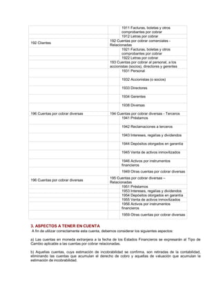 1911 Facturas, boletas y otros
comprobantes por cobrar
1912 Letras por cobrar
192 Clientes
192 Cuentas por cobrar comerciales -
Relacionadas
1921 Facturas, boletas y otros
comprobantes por cobrar
1922 Letras por cobrar
193 Cuentas por cobrar al personal, a los
accionistas (socios), directores y gerentes
1931 Personal
1932 Accionistas (o socios)
1933 Directores
1934 Gerentes
1938 Diversas
196 Cuentas por cobrar diversas 194 Cuentas por cobrar diversas - Terceros
1941 Préstamos
1942 Reclamaciones a terceros
1943 Intereses, regalías y dividendos
1944 Depósitos otorgados en garantía
1945 Venta de activos inmovilizados
1946 Activos por instrumentos
financieros
1949 Otras cuentas por cobrar diversas
196 Cuentas por cobrar diversas
195 Cuentas por cobrar diversas ±
Relacionadas
1951 Préstamos
1953 Intereses, regalías y dividendos
1954 Depósitos otorgados en garantía
1955 Venta de activos inmovilizados
1956 Activos por instrumentos
financieros
1959 Otras cuentas por cobrar diversas
3. ASPECTOS A TENER EN CUENTA
A fin de utilizar correctamente esta cuenta, debemos considerar los siguientes aspectos:
a) Las cuentas en moneda extranjera a la fecha de los Estados Financieros se expresarán al Tipo de
Cambio aplicable a las cuentas por cobrar relacionadas.
b) Aquellas cuentas, cuya estimación de incobrabilidad se confirma, son retiradas de la contabilidad,
eliminando las cuentas que acumulan el derecho de cobro y aquellas de valuación que acumulan la
estimación de incobrabilidad.
 
