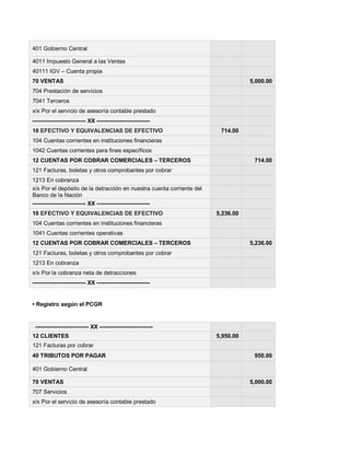 401 Gobierno Central
4011 Impuesto General a las Ventas
40111 IGV ± Cuenta propia
70 VENTAS 5,000.00
704 Prestación de servicios
7041 Terceros
x/x Por el servicio de asesoría contable prestado
---------------------------- XX ----------------------------
10 EFECTIVO Y EQUIVALENCIAS DE EFECTIVO 714.00
104 Cuentas corrientes en instituciones financieras
1042 Cuentas corrientes para fines específicos
12 CUENTAS POR COBRAR COMERCIALES ± TERCEROS 714.00
121 Facturas, boletas y otros comprobantes por cobrar
1213 En cobranza
x/x Por el depósito de la detracción en nuestra cuenta corriente del
Banco de la Nación
---------------------------- XX ----------------------------
10 EFECTIVO Y EQUIVALENCIAS DE EFECTIVO 5,236.00
104 Cuentas corrientes en instituciones financieras
1041 Cuentas corrientes operativas
12 CUENTAS POR COBRAR COMERCIALES ± TERCEROS 5,236.00
121 Facturas, boletas y otros comprobantes por cobrar
1213 En cobranza
x/x Por la cobranza neta de detracciones
---------------------------- XX ----------------------------
‡ Registro según el PCGR
---------------------------- XX ----------------------------
12 CLIENTES 5,950.00
121 Facturas por cobrar
40 TRIBUTOS POR PAGAR 950.00
401 Gobierno Central
70 VENTAS 5,000.00
707 Servicios
x/x Por el servicio de asesoría contable prestado
 