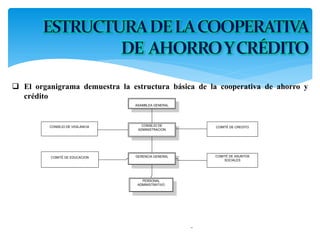 GERENCIA GENERAL
ASAMBLEA GENERAL
CONSEJO DE
ADMINISTRACION
COMITÉ DE CREDITO
COMITÉ DE ASUNTOS
SOCIALES
COMITÉ DE EDUCACION
CONSEJO DE VIGILANCIA
PERSONAL
ADMINISTRATIVO
 El organigrama demuestra la estructura básica de la cooperativa de ahorro y
crédito
 