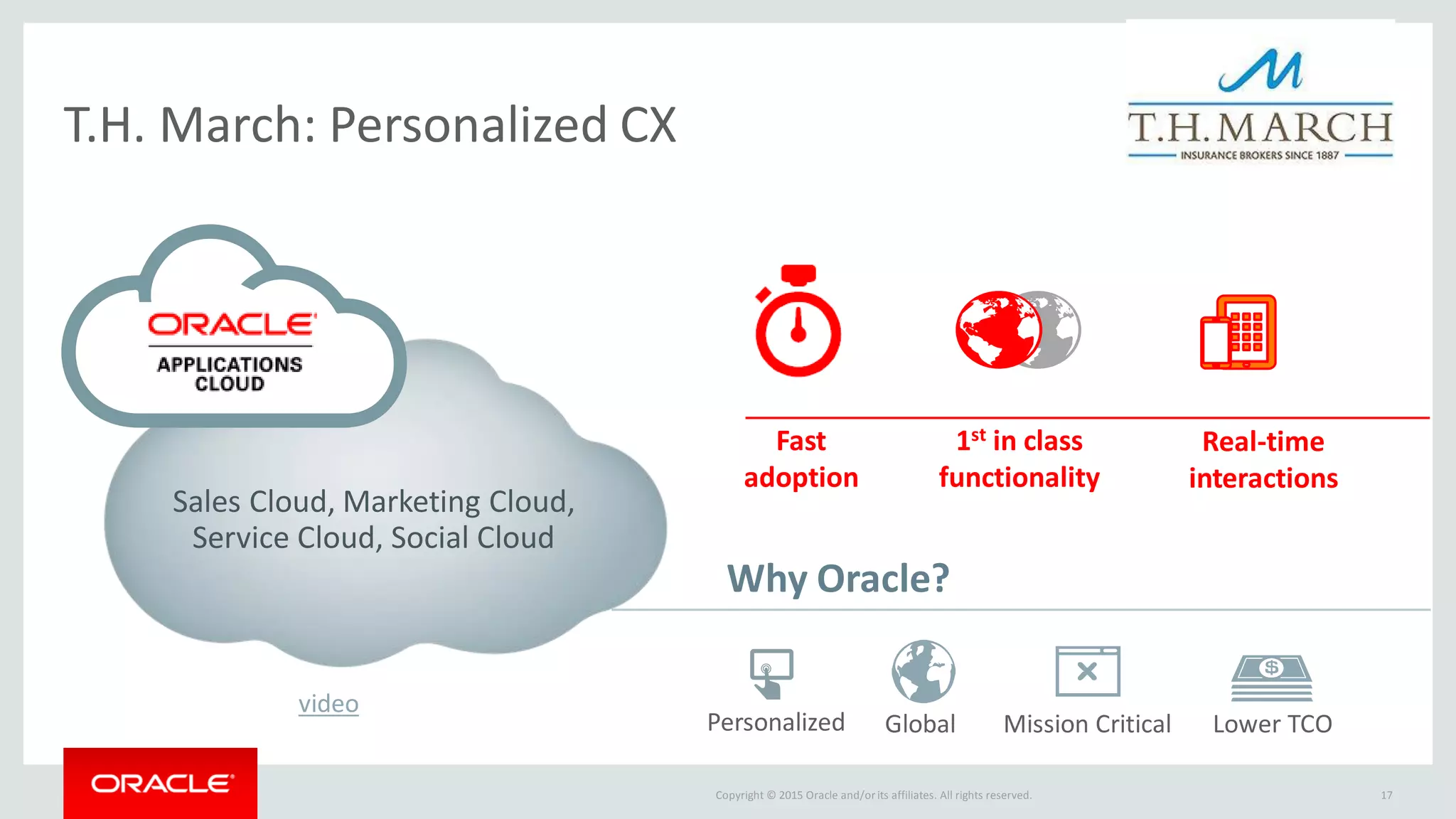Copyright © 2015 Oracle and/orits affiliates. All rights reserved. 17
T.H. March: Personalized CX
Sales Cloud, Marketing Cloud,
Service Cloud, Social Cloud
Fast
adoption
1st in class
functionality
Why Oracle?
Personalized Global Mission Critical Lower TCO
Real-time
interactions
video
 