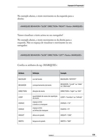 Linguagens de Programação I




No exemplo abaixo, o texto movimenta-se da esquerda para a
direita:


   <MARQUEE BEHAVIOR=”SLIDE” DIRECTION=”RIGHT”>Texto</MARQUEE>



Vamos visualizar o texto acima no seu navegador?

No exemplo abaixo, o texto movimenta-se da direita para a
esquerda. Não se esqueça de visualizar o movimento no seu
navegador:



   <MARQUEE BEHAVIOR=”SLIDE” DIRECTION=”LEFT”>Texto</MARQUEE>



Confira os atributos da tag <MARQUEE>:


 Atributo      Definição                          Exemplo


 BGCOLOR       cor de fundo                       BGCOLOR =”#FFFFFF”

                                                  BEHAVIOR =”scroll “ ou “slide”
 BEHAVIOR      comportamento do texto
                                                  ou “alternate”

 DIRECTION     direção do texto                   DIRECTION =”right” ou “left”

               quantidade de vezes de repetição
 LOOP                                             LOOP =”nombre” ou “infinite”
               do texto

               espaço entre
 HSPACE                                           HSPACE =”10”
               o texto e a marquee

               espaço entre
 VSPACE                                           VSAPCE =”5”
               as linhas da marquee

 HEIGHT        altura em pixels                   HEIGHT =”200”


 WIDTH         largura em pixels                  WIDTH =”300”




                                      Unidade 4                                           119
 