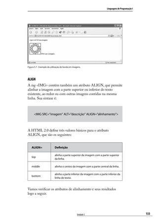 Linguagens de Programação I




Figura 5.7 - Exemplo da utilização de borda em imagens.




ALIGN
A tag <IMG> contém também um atributo ALIGN, que permite
alinhar a imagem com a parte superior ou inferior do texto
existente, ao redor ou com outras imagens contidas na mesma
linha. Sua sintaxe é:



      <IMG SRC=”imagem” ALT=”descrição” ALIGN=”alinhamento”>



A HTML 2.0 define três valores básicos para o atributo
ALIGN, que são os seguintes:


    ALIGN=                  Definição

                            alinha a parte superior da imagem com a parte superior
    top
                            da linha.

    middle                  alinha o centro da imagem com a parte central da linha.

                            alinha a parte inferior da imagem com a parte inferior da
    bottom
                            linha de texto.



Vamos verificar os atributos de alinhamento e seus resultados
logo a seguir.




                                                   Unidade 5                                           133
 
