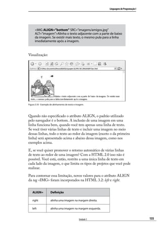Linguagens de Programação I




      <IMG ALIGN=”bottom” SRC=”imagens/amigos.jpg”
      ALT=”imagem”>Alinha o texto adjacente com a parte de baixo
      da imagem. Se existir mais texto, o mesmo pula para a linha
      imediatamente após a imagem.



Visualização:




Figura 5.10 - Exemplo de alinhamento de texto e imagem.




Quando não especificado o atributo ALIGN, o padrão utilizado
pelo navegador é o bottom. A inclusão de uma imagem em uma
linha funciona bem, quando você tem apenas uma linha de texto.
Se você tiver várias linhas de texto e incluir uma imagem no meio
dessas linhas, todo o texto ao redor da imagem (exceto o da primeira
linha) será apresentado acima e abaixo dessa imagem, como nos
exemplos acima.

E, se você quiser promover o retorno automático de várias linhas
de texto ao redor de uma imagem? Com a HTML 2.0 isso não é
possível. Você está, então, restrito a uma única linha de texto em
cada lado da imagem, o que limita os tipos de projetos que você pode
realizar.

Para contornar essa limitação, novos valores para o atributo ALIGN
da tag <IMG> foram incorporados na HTML 3.2: left e right.


    ALIGN=           Definição

    right            alinha uma imagem na margem direita.

    left             alinha uma imagem na margem esquerda.


                                                  Unidade 5                                 135
 