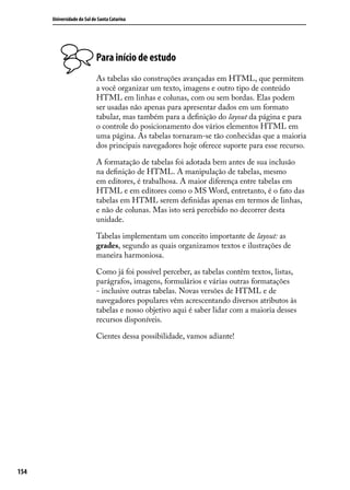 Universidade do Sul de Santa Catarina




                            Para início de estudo
                            As tabelas são construções avançadas em HTML, que permitem
                            a você organizar um texto, imagens e outro tipo de conteúdo
                            HTML em linhas e colunas, com ou sem bordas. Elas podem
                            ser usadas não apenas para apresentar dados em um formato
                            tabular, mas também para a definição do layout da página e para
                            o controle do posicionamento dos vários elementos HTML em
                            uma página. As tabelas tornaram-se tão conhecidas que a maioria
                            dos principais navegadores hoje oferece suporte para esse recurso.

                            A formatação de tabelas foi adotada bem antes de sua inclusão
                            na definição de HTML. A manipulação de tabelas, mesmo
                            em editores, é trabalhosa. A maior diferença entre tabelas em
                            HTML e em editores como o MS Word, entretanto, é o fato das
                            tabelas em HTML serem definidas apenas em termos de linhas,
                            e não de colunas. Mas isto será percebido no decorrer desta
                            unidade.

                            Tabelas implementam um conceito importante de layout: as
                            grades, segundo as quais organizamos textos e ilustrações de
                            maneira harmoniosa.

                            Como já foi possível perceber, as tabelas contêm textos, listas,
                            parágrafos, imagens, formulários e várias outras formatações
                            - inclusive outras tabelas. Novas versões de HTML e de
                            navegadores populares vêm acrescentando diversos atributos às
                            tabelas e nosso objetivo aqui é saber lidar com a maioria desses
                            recursos disponíveis.

                            Cientes dessa possibilidade, vamos adiante!




154
 