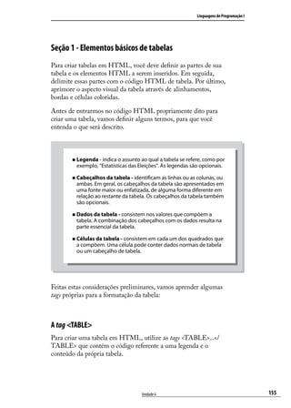 Linguagens de Programação I




Seção 1 - Elementos básicos de tabelas
Para criar tabelas em HTML, você deve definir as partes de sua
tabela e os elementos HTML a serem inseridos. Em seguida,
delimite essas partes com o código HTML de tabela. Por último,
aprimore o aspecto visual da tabela através de alinhamentos,
bordas e células coloridas.

Antes de entrarmos no código HTML propriamente dito para
criar uma tabela, vamos definir alguns termos, para que você
entenda o que será descrito.



       „„ Legenda - indica o assunto ao qual a tabela se refere, como por
         exemplo, “Estatísticas das Eleições”. As legendas são opcionais.

       „„ Cabeçalhos da tabela - identificam as linhas ou as colunas, ou
         ambas. Em geral, os cabeçalhos da tabela são apresentados em
         uma fonte maior ou enfatizada, de alguma forma diferente em
         relação ao restante da tabela. Os cabeçalhos da tabela também
         são opcionais.

       „„ Dados da tabela - consistem nos valores que compõem a
         tabela. A combinação dos cabeçalhos com os dados resulta na
         parte essencial da tabela.

       „„ Células da tabela - consistem em cada um dos quadrados que
         a compõem. Uma célula pode conter dados normais de tabela
         ou um cabeçalho de tabela.




Feitas estas considerações preliminares, vamos aprender algumas
tags próprias para a formatação da tabela:



A tag <TABLE>
Para criar uma tabela em HTML, utilize as tags <TABLE>...</
TABLE> que contém o código referente a uma legenda e o
conteúdo da própria tabela.




                                     Unidade 6                                             155
 