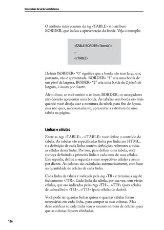Universidade do Sul de Santa Catarina




                            O atributo mais comum da tag <TABLE> é o atributo
                            BORDER, que indica a apresentação da borda. Veja o exemplo:


                                               <TABLE BORDER=”borda”>
                                               ...
                                               </TABLE>



                            Definir BORDER= “0” significa que a borda não tem largura e,
                            portanto, não é apresentada. BORDER= “1” cria uma borda de
                            um pixel de largura, BODER= “2” cria uma borda de 2 pixels de
                            largura, e assim por diante.

                            Além disso, se você omitir o atributo BORDER, os navegadores
                            não deverão apresentar uma borda. As tabelas sem borda são úteis
                            quando você deseja usar a estrutura da tabela para fins de layout,
                            mas não quer, necessariamente, apresentar a estrutura de uma
                            tabela na página.



                            Linhas e células
                            Entre as tags <TABLE>...</TABLE> você define o conteúdo da
                            tabela. As tabelas são especificadas linha por linha em HTML,
                            e a definição de cada linha contém definições referentes a todas
                            as células dessa linha. Por isso, para definir uma tabela, você
                            começa definindo a primeira linha e cada uma de suas células.
                            Em seguida, define a segunda e suas respectivas células e assim
                            por diante. As colunas são calculadas automaticamente, com base
                            na quantidade de células de cada linha.

                            Cada linha da tabela é indicada pela tag <TR> e termina a tag de
                            fechamento </TR>. Cada linha da tabela, por sua vez, tem várias
                            células, que são indicadas pelas tags <TH>...</TH> (para células
                            de cabeçalho) e <TD>...</TD> (para células de dados).

                            Você pode ter quantas linhas quiser e quantas células forem
                            necessárias em cada linha, para compor as suas colunas. Mas
                            deve verificar se cada linha tem o mesmo número de células, para
                            que as colunas fiquem alinhadas.

156
 