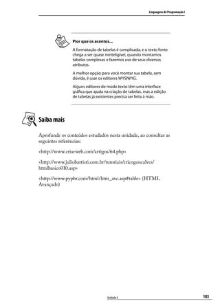 Linguagens de Programação I




                 Pior que os acentos...
                 A formatação de tabelas é complicada, e o texto fonte
                 chega a ser quase ininteligível, quando montamos
                 tabelas complexas e fazemos uso de seus diversos
                 atributos.
                 A melhor opção para você montar sua tabela, sem
                 dúvida, é usar os editores WYSIWYG.
                 Alguns editores de modo texto têm uma interface
                 gráfica que ajuda na criação de tabelas, mas a edição
                 de tabelas já existentes precisa ser feita à mão.




Saiba mais

Aprofunde os conteúdos estudados nesta unidade, ao consultar as
seguintes referências:

<http://www.criarweb.com/artigos/64.php>

<http://www.juliobattisti.com.br/tutoriais/ericogoncalves/
htmlbasico010.asp>

<http://www.pypbr.com/html/htm_avc.asp#table> (HTML
Avançado)




                                    Unidade 6                                             183
 