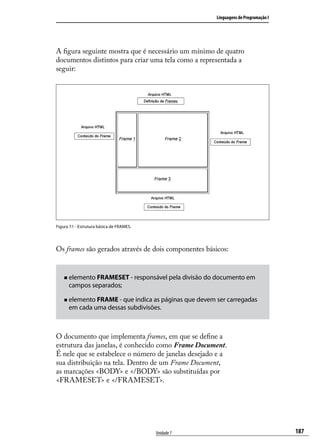Linguagens de Programação I




A figura seguinte mostra que é necessário um mínimo de quatro
documentos distintos para criar uma tela como a representada a
seguir:




Figura 7.1 - Estrutura básica de FRAMES.




Os frames são gerados através de dois componentes básicos:


    „„ elementoFRAMESET - responsável pela divisão do documento em
      campos separados;

    „„ elementoFRAME - que indica as páginas que devem ser carregadas
      em cada uma dessas subdivisões.



O documento que implementa frames, em que se define a
estrutura das janelas, é conhecido como Frame Document.
É nele que se estabelece o número de janelas desejado e a
sua distribuição na tela. Dentro de um Frame Document,
as marcações <BODY> e </BODY> são substituídas por
<FRAMESET> e </FRAMESET>.




                                           Unidade 7                                 187
 