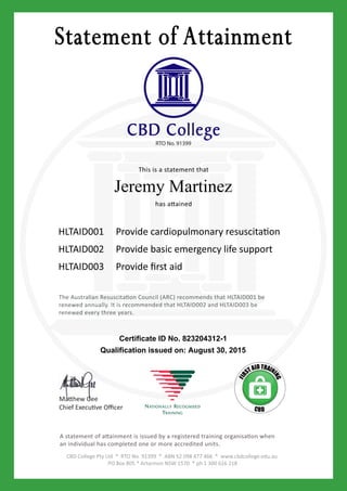 Jeremy Martinez
Certificate ID No. 823204312-1
Qualification issued on: August 30, 2015
 