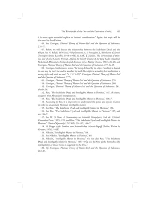 it is never again accorded explicit or ‘serious’ consideration.” Again, this topic will be
discussed in detail below.
106.  See Corrigan, Plotinus’ Theory of Matter-Evil and the Question of Substance,
276–77.
107.  Below, we will discuss the relationship between the Indefinite Dyad and the
tovlma. See N. Baladi, 1970 (in Le Néoplatonism); A. J. Festugière, La Révélation d’Hermès
Trismégiste (Paris: Lecoffre, 1944–1954), II, 83ff.; J. Zandee, The Terminology of Ploti-
nus and of some Gnostic Writings, Mainly the Fourth Treatise of the Jung Codex (Istanbul:
Nederlands Historisch-Archaeologisch Insituut in het Nabije Oosten, 1961), 26–28; and
Corrigan, Plotinus’ Theory of Matter-Evil and the Question of Substance, 277, fn.49.
108.  Corrigan, furthermore, states, “In being defined by its object ‘intellect is shaped
in one way by the One and in another by itself, like sight in actuality; for intellection is
seeing sight and both are one’ (V.1 5.15–19)” (Corrigan, Plotinus’ Theory of Matter-Evil
and the Question of Substance, 277).
109.  Corrigan, Plotinus’ Theory of Matter-Evil and the Question of Substance, 278.
110.  Corrigan, Plotinus’ Theory of Matter-Evil and the Question of Substance, 280.
111.  Corrigan, Plotinus’ Theory of Matter-Evil and the Question of Substance, 281,
also fn.58.
112.  Rist, “The Indefinite Dyad and Intelligible Matter in Plotinus,” 107, of course,
disagrees with Alexander’s interpretation.
113.  Rist, “The Indefinite Dyad and Intelligible Matter in Plotinus,” 106–7.
114.  According to Rist, it is imperative to understand the genus and species relation
in order to understand Plotinian intelligible matter.
115.  See Rist, “The Indefinite Dyad and Intelligible Matter in Plotinus,” 106.
116.  See Rist, “The Indefinite Dyad and Intelligible Matter in Plotinus,” 107, and
see 106–7.
117.  See W. D. Ross, A Commentary on Aristotle’s Metaphysics, 2nd ed. (Oxford:
Clarendon Press, 1953), 199; and Rist, “The Indefinite Dyad and Intelligible Matter in
Plotinus,” Classical Quarterly 12 (1962): 99–107, 106–7.
118.  H. Happ, Hyle: Studien zum Aristotelischen Materie-Begriff (Berlin: Walter de
Gruyter, 1971), 581ff.
119.  Nikulin, “Intelligible Matter in Plotinus,” 89.
120.  See Nikulin, “Intelligible Matter in Plotinus,” 89.
121.  Nikulin, “Intelligible Matter in Plotinus,” 92. See also Rist, “The Indefinite
Dyad and Intelligible Matter in Plotinus,” 103: “nou:V sees the One as the Forms but the
intelligibility of those Forms is supplied by the One.”
122.  Cf., Corrigan, Plotinus’ Theory of Matter-Evil and the Question of Substance,
282–83.
The =Epistrofhv of the One and the Derivation of nou:V      163
 