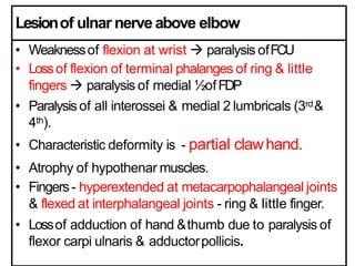 Lesionof ulnar nerveabove elbow
• Weaknessof flexion at wrist  paralysis ofFCU
• Lossof flexion of terminal phalanges of ring & little
fingers  paralysis of medial ½ofFDP
• Paralysisof all interossei & medial 2 lumbricals (3rd&
4th).
• Characteristic deformity is - partial clawhand.
• Atrophy of hypothenar muscles.
• Fingers- hyperextended at metacarpophalangeal joints
& flexed at interphalangeal joints - ring & little finger.
• Lossof adduction of hand &thumb due to paralysis of
flexor carpi ulnaris & adductorpollicis.
 