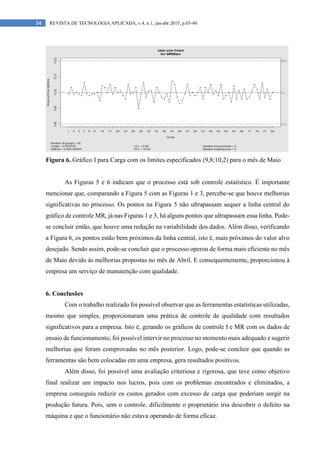 34 REVISTA DE TECNOLOGIA APLICADA, v.4, n.1, jan-abr 2015, p.03-40
Figura 6. Gráfico I para Carga com os limites especificados (9,8;10,2) para o mês de Maio
As Figuras 5 e 6 indicam que o processo está sob controle estatístico. É importante
mencionar que, comparando a Figura 5 com as Figuras 1 e 3, percebe-se que houve melhorias
significativas no processo. Os pontos na Figura 5 não ultrapassam sequer a linha central do
gráfico de controle MR, já nas Figuras 1 e 3, há alguns pontos que ultrapassam essa linha. Pode-
se concluir então, que houve uma redução na variabilidade dos dados. Além disso, verificando
a Figura 6, os pontos estão bem próximos da linha central, isto é, mais próximos do valor alvo
desejado. Sendo assim, pode-se concluir que o processo operou de forma mais eficiente no mês
de Maio devido às melhorias propostas no mês de Abril. E consequentemente, proporcionou à
empresa um serviço de manutenção com qualidade.
6. Conclusões
Com o trabalho realizado foi possível observar que as ferramentas estatísticas utilizadas,
mesmo que simples, proporcionaram uma prática de controle de qualidade com resultados
significativos para a empresa. Isto é, gerando os gráficos de controle I e MR com os dados de
ensaio de funcionamento, foi possível intervir no processo no momento mais adequado e sugerir
melhorias que foram comprovadas no mês posterior. Logo, pode-se concluir que quando as
ferramentas são bem colocadas em uma empresa, gera resultados positivos.
Além disso, foi possível uma avaliação criteriosa e rigorosa, que teve como objetivo
final realizar um impacto nos lucros, pois com os problemas encontrados e eliminados, a
empresa conseguiu reduzir os custos gerados com excesso de carga que poderiam surgir na
produção futura. Pois, sem o controle, dificilmente o proprietário iria descobrir o defeito na
máquina e que o funcionário não estava operando de forma eficaz.
 