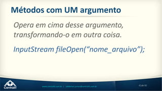 42de 80www.centralit.com.br | valdemar.junior@centralit.com.br
Métodos com UM argumento
Opera em cima desse argumento,
transformando-o em outra coisa.
InputStream fileOpen(“nome_arquivo”);
 