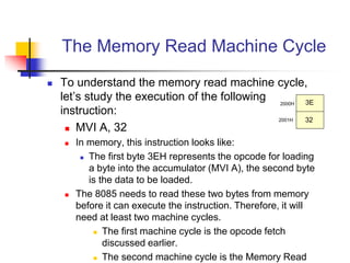 The Memory Read Machine Cycle
 To understand the memory read machine cycle,
let’s study the execution of the following
instruction:
 MVI A, 32
 In memory, this instruction looks like:
 The first byte 3EH represents the opcode for loading
a byte into the accumulator (MVI A), the second byte
is the data to be loaded.
 The 8085 needs to read these two bytes from memory
before it can execute the instruction. Therefore, it will
need at least two machine cycles.
 The first machine cycle is the opcode fetch
discussed earlier.
 The second machine cycle is the Memory Read
2000H
2001H
3E
32
 