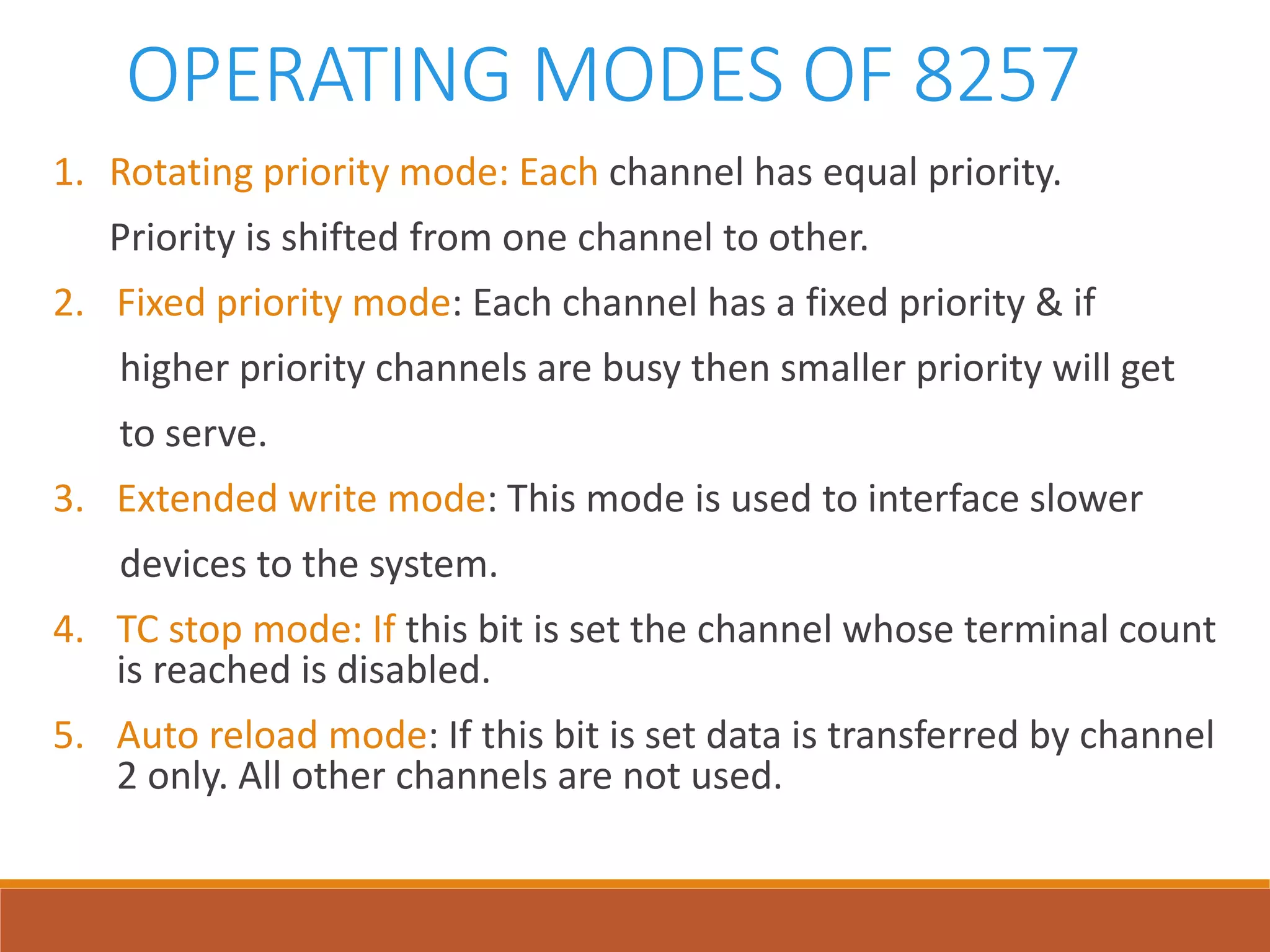 OPERATING MODES OF 8257
1. Rotating priority mode: Each channel has equal priority.
Priority is shifted from one channel to other.
2. Fixed priority mode: Each channel has a fixed priority & if
higher priority channels are busy then smaller priority will get
to serve.
3. Extended write mode: This mode is used to interface slower
devices to the system.
4. TC stop mode: If this bit is set the channel whose terminal count
is reached is disabled.
5. Auto reload mode: If this bit is set data is transferred by channel
2 only. All other channels are not used.
 