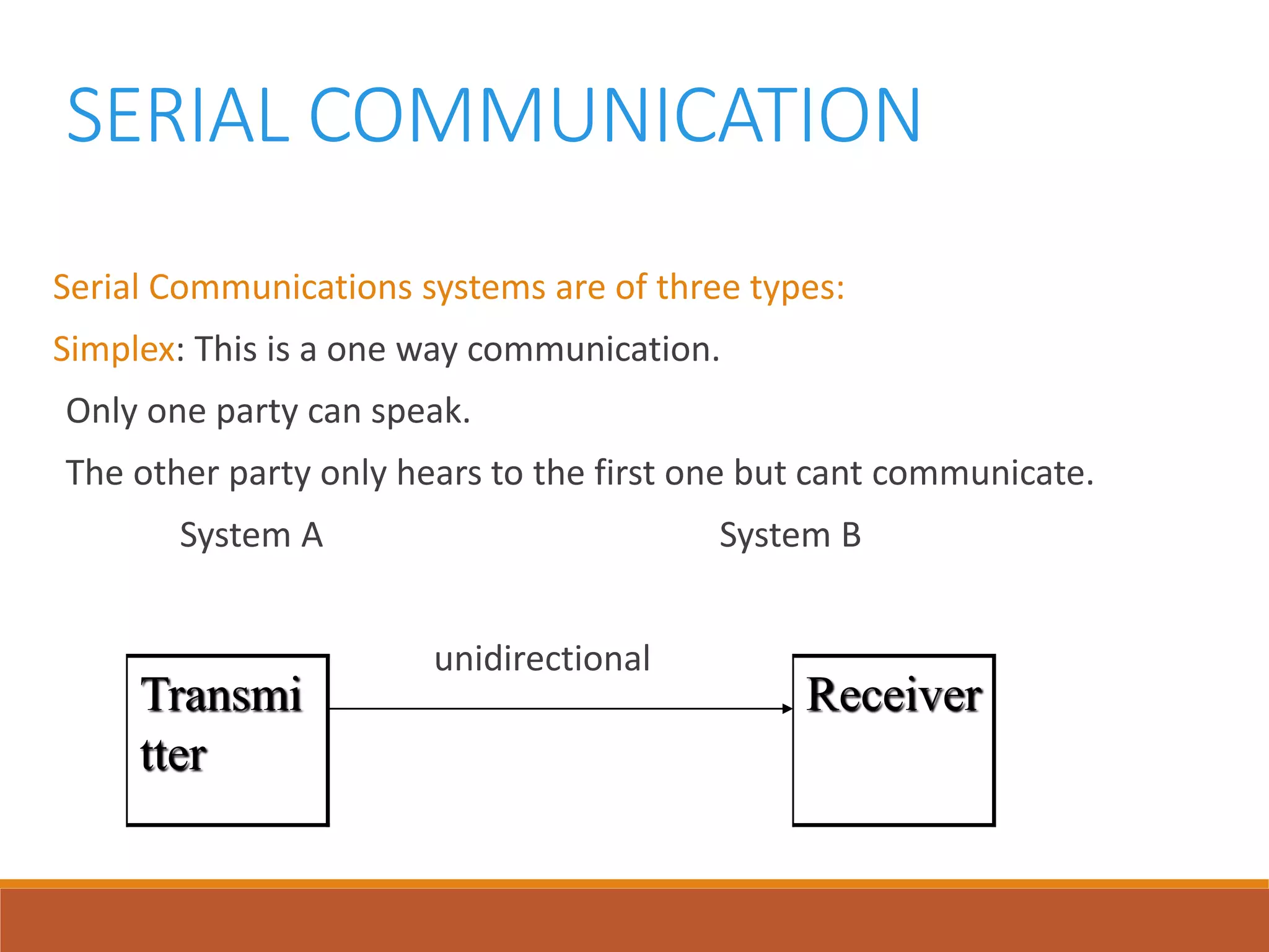 SERIAL COMMUNICATION
Serial Communications systems are of three types:
Simplex: This is a one way communication.
Only one party can speak.
The other party only hears to the first one but cant communicate.
System A System B
unidirectional
Transmi
tter
Receiver
 
