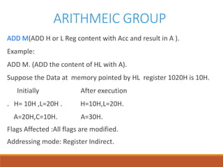 ARITHMEIC GROUP
ADD M(ADD H or L Reg content with Acc and result in A ).
Example:
ADD M. (ADD the content of HL with A).
Suppose the Data at memory pointed by HL register 1020H is 10H.
Initially After execution
. H= 10H ,L=20H . H=10H,L=20H.
A=20H,C=10H. A=30H.
Flags Affected :All flags are modified.
Addressing mode: Register Indirect.
 